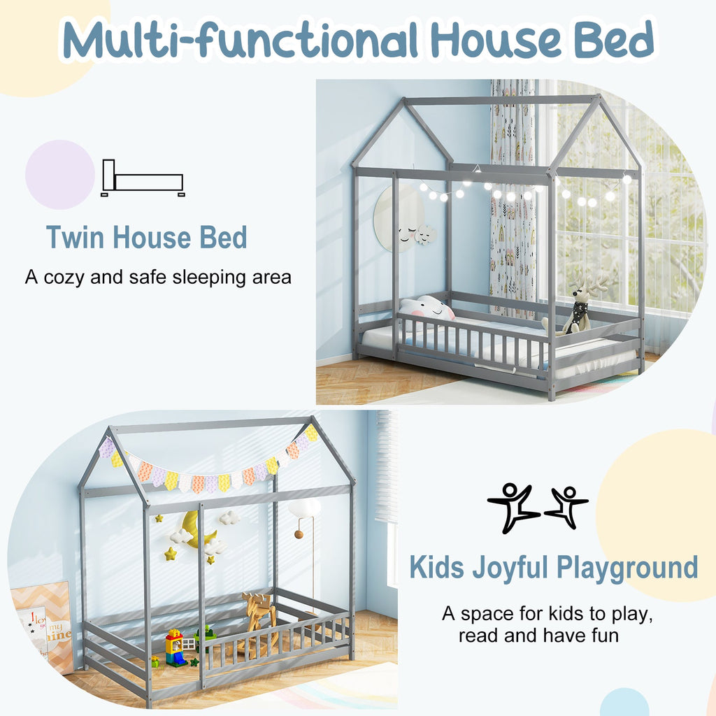 Twin Size Kids House Bed Wooden Floor Bed with Roof and Full-length Safety Guardrail-Gray