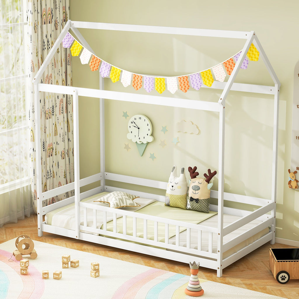 Twin Size Kids House Bed Wooden Floor Bed with Roof and Full-length Safety Guardrail-White