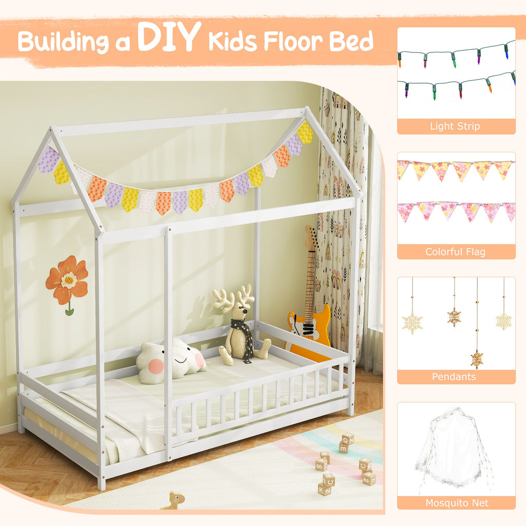 Twin Size Kids House Bed Wooden Floor Bed with Roof and Full-length Safety Guardrail-White