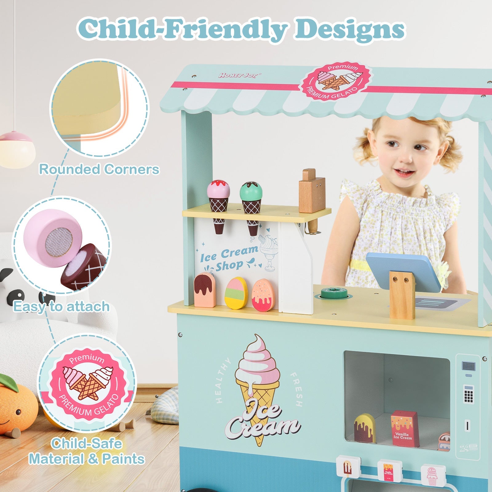 Kids Ice Cream Truck Pretend Play Set for Toddlers with Vending Machine-Green