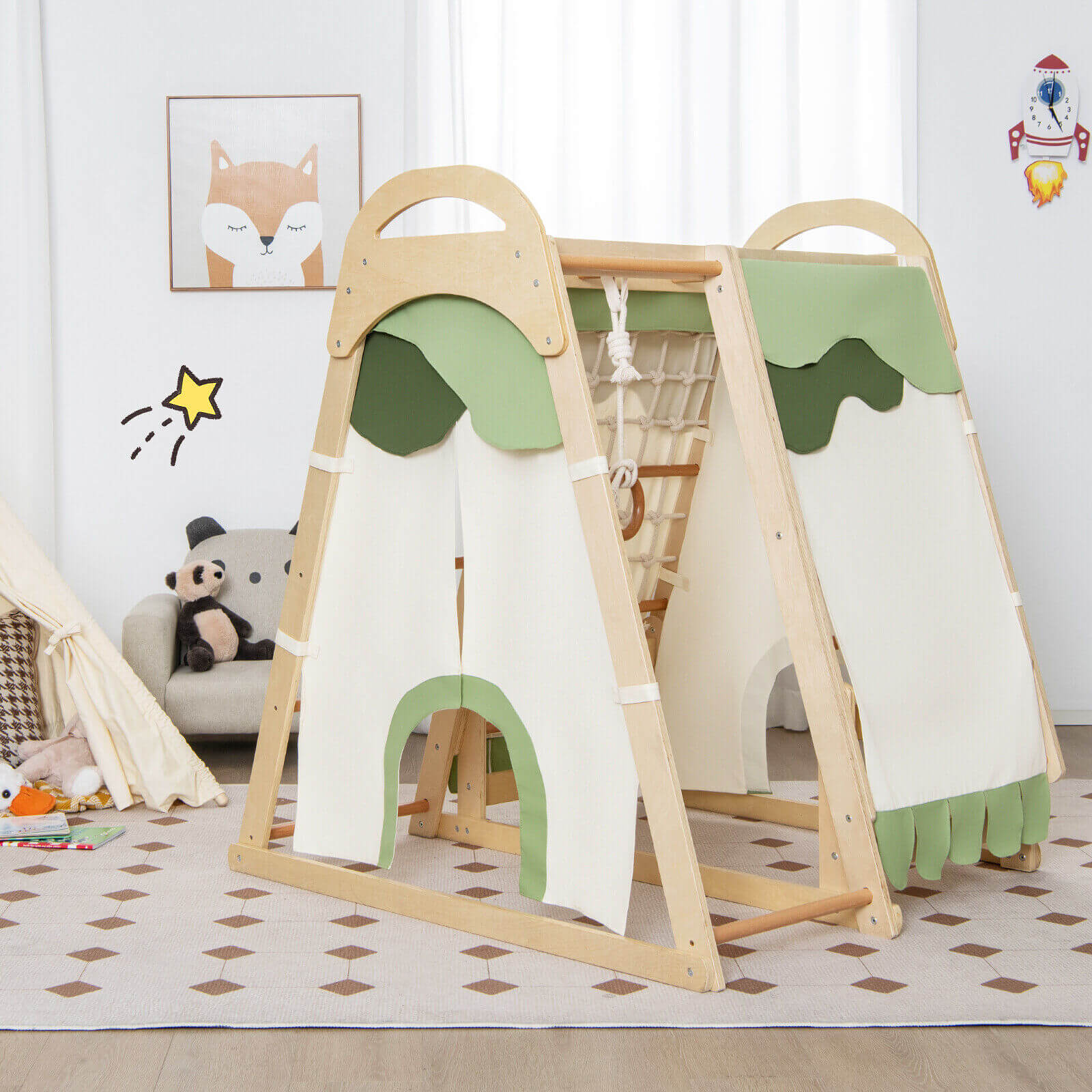 6-in-1 Wooden Kids Jungle Gym Playset with Slide Climbing Net-Natural