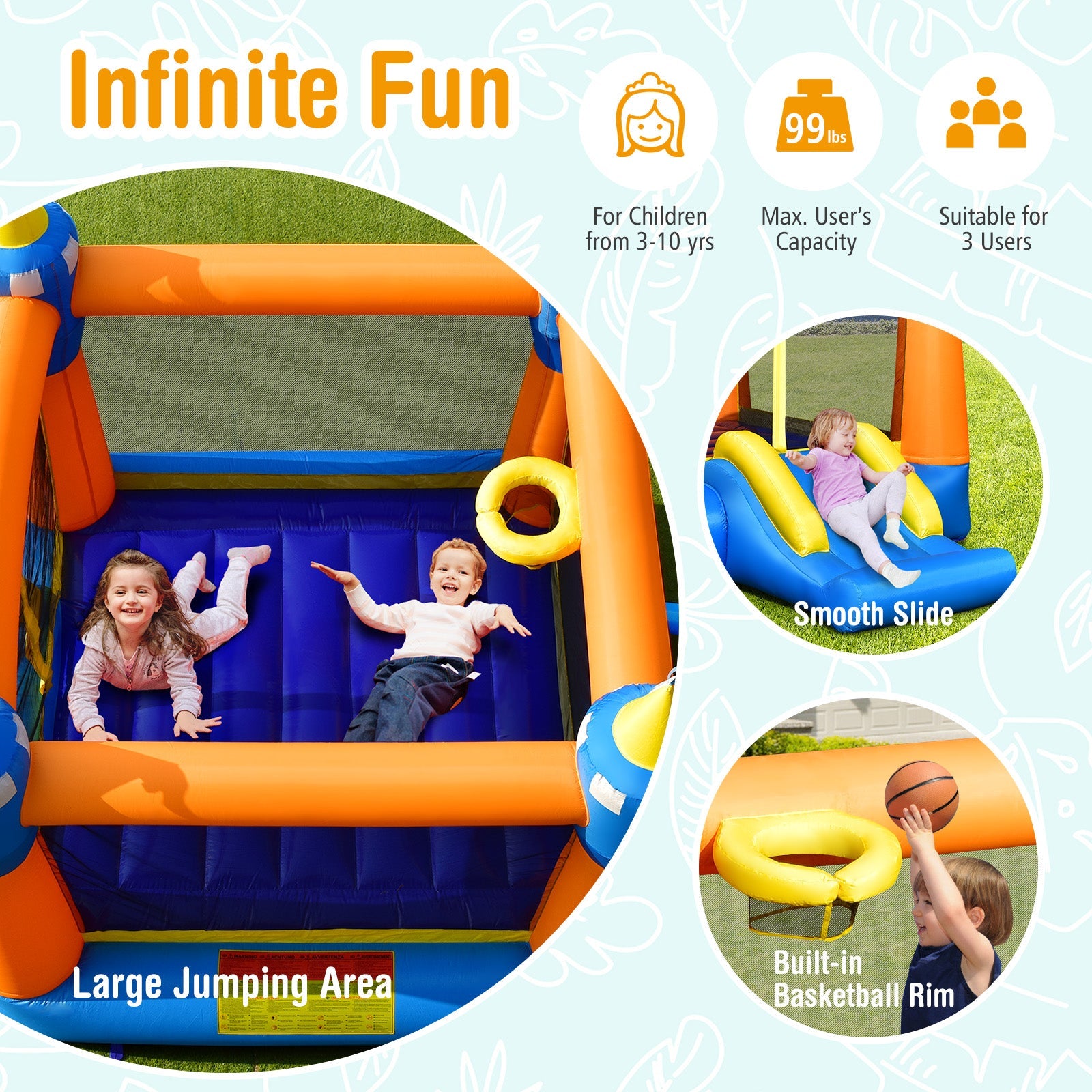 Kids Inflatable Bounce House Magic Castle with Large Jumping Area with 735W Blower