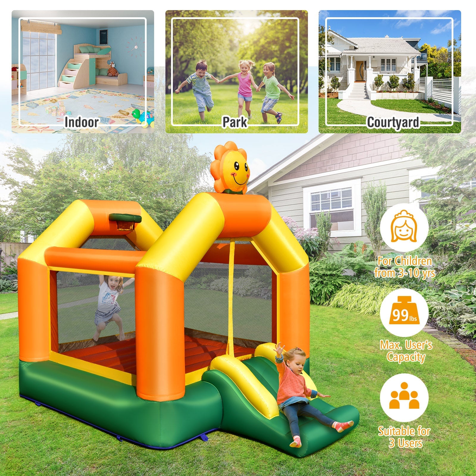 Kids Inflatable Bounce House with Slide and Basketball Rim with 735W Blower