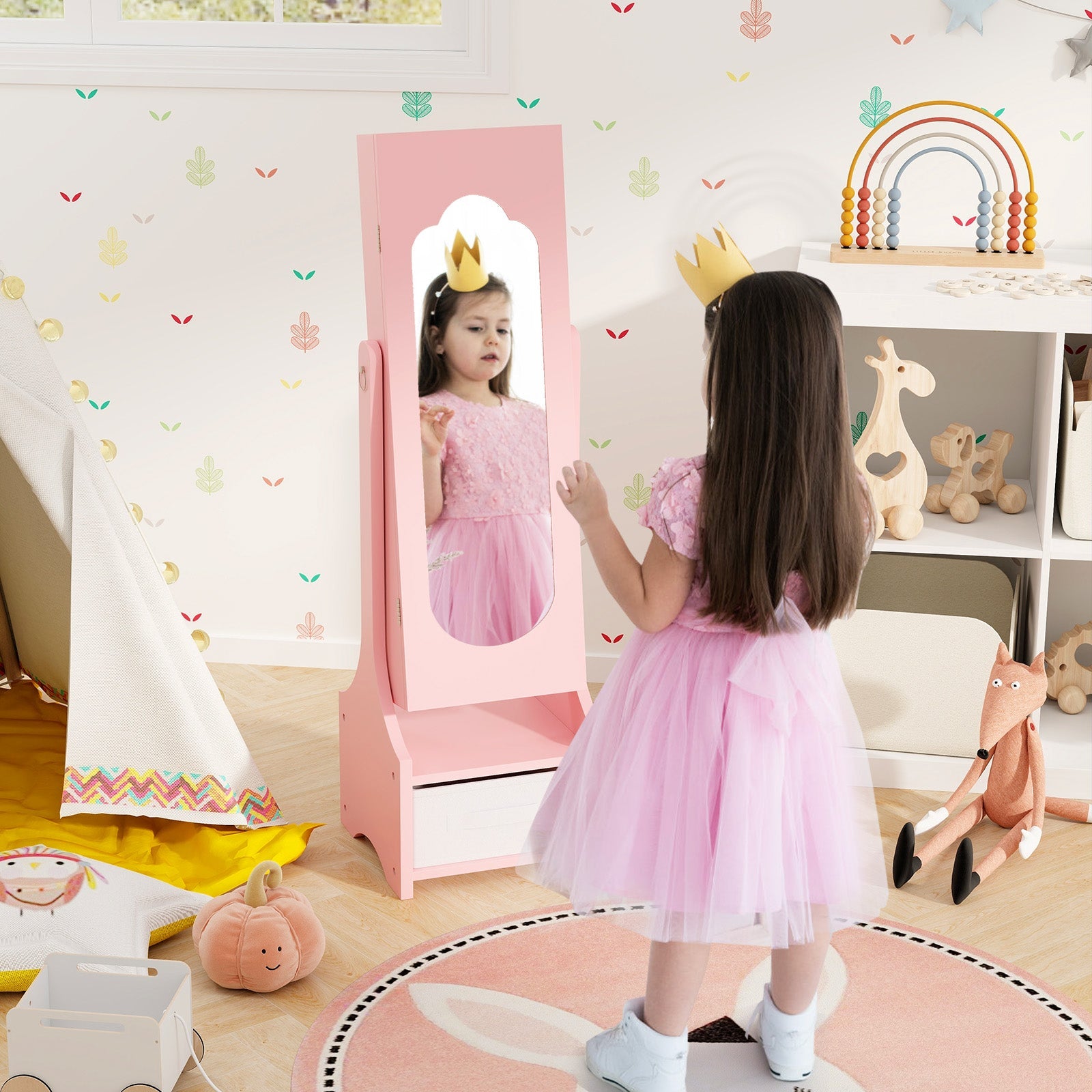 Freestanding Kids Jewelry Armoire Cabinet with Storage and 2 Tilt Angles-Pink