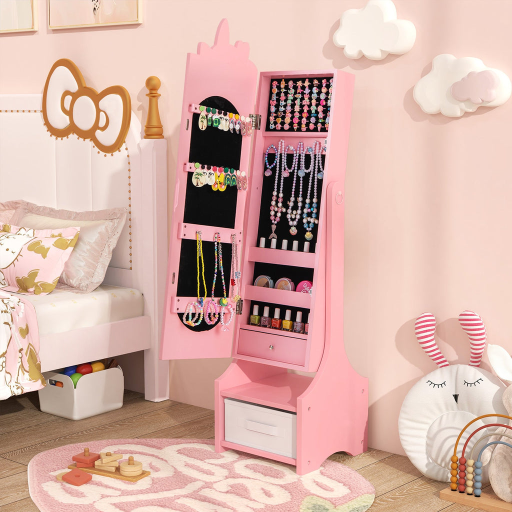 Kids Jewelry Armoire Cabinet with Storage and 2 Tilt Angles-Pink