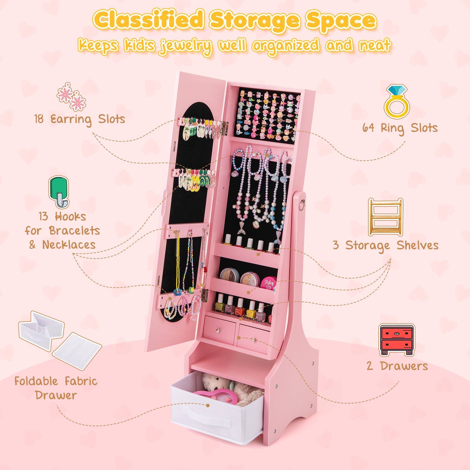 Freestanding Kids Jewelry Armoire Cabinet with Storage and 2 Tilt Angles-Pink