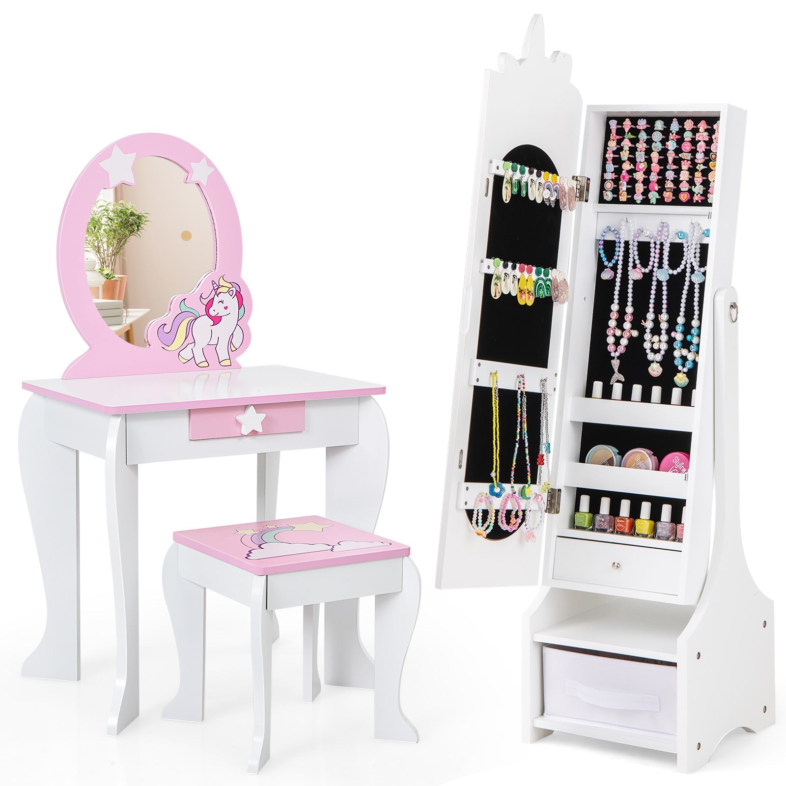 Kids Jewelry Armoire Cabinet with Storage and 2 Tilt Angles-White