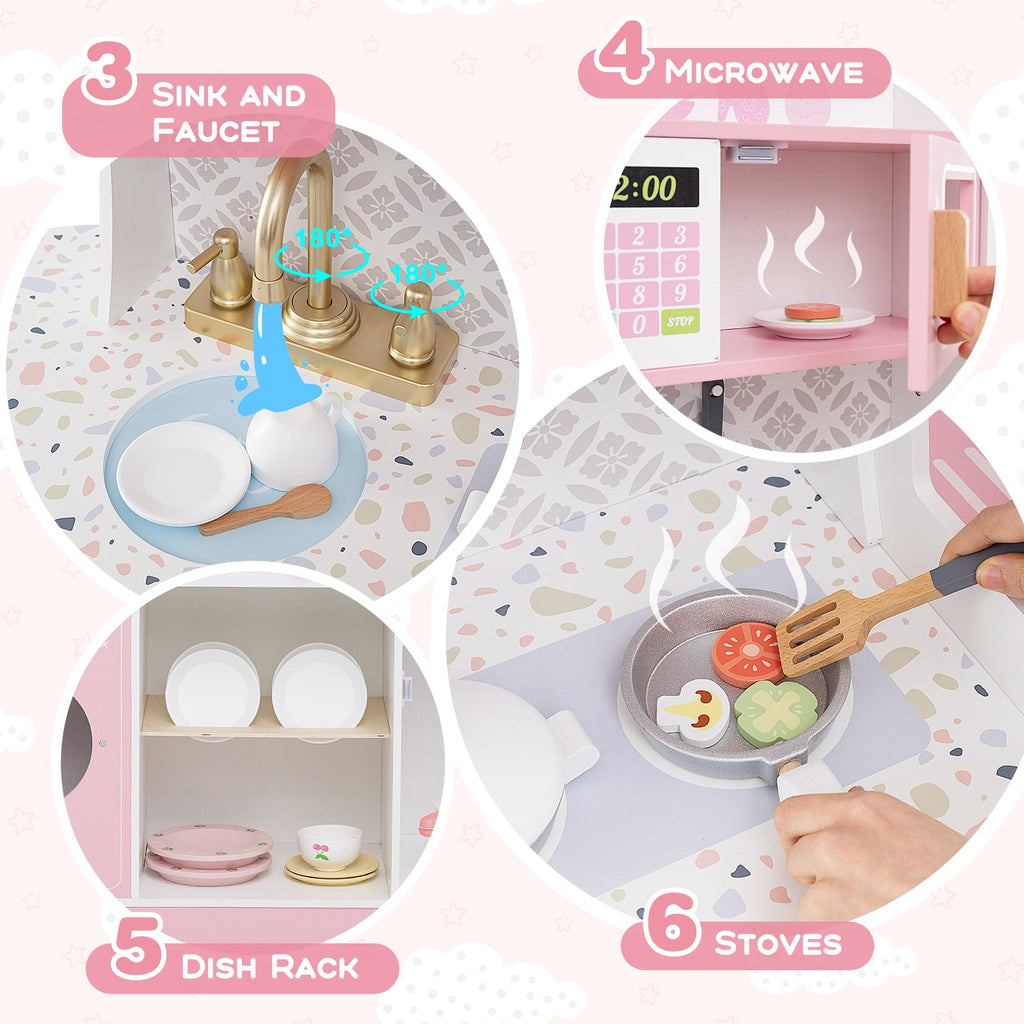 Kids Kitchen Set Wooden with Coffee Makers and Accessories-Pink