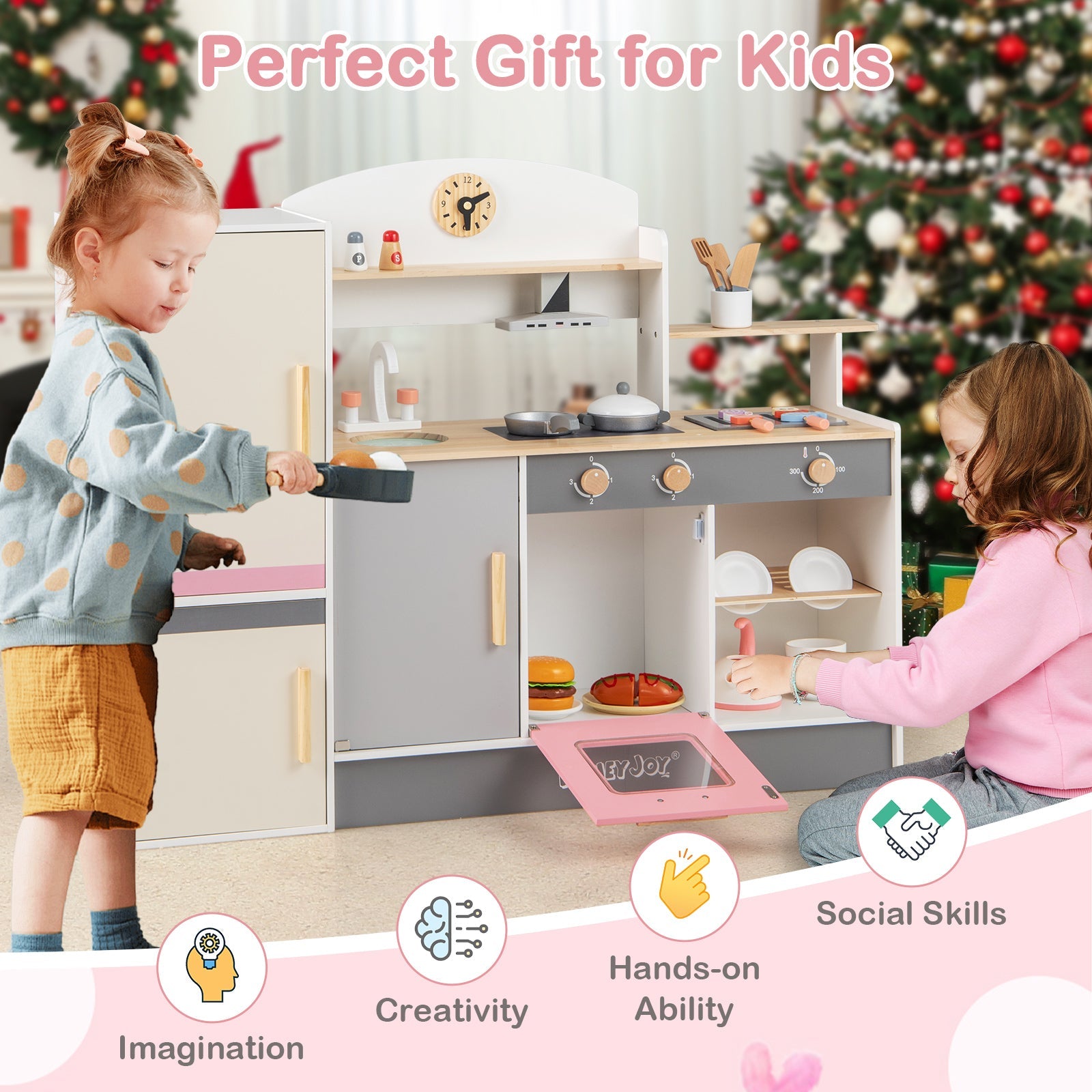 Kids Play Kitchen Set with Realistic Range Hood and Refrigerator