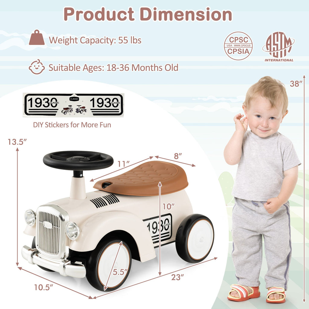 Kids Sit to Stand Vehicle with Working Steering Wheel and Under Seat Storage-White