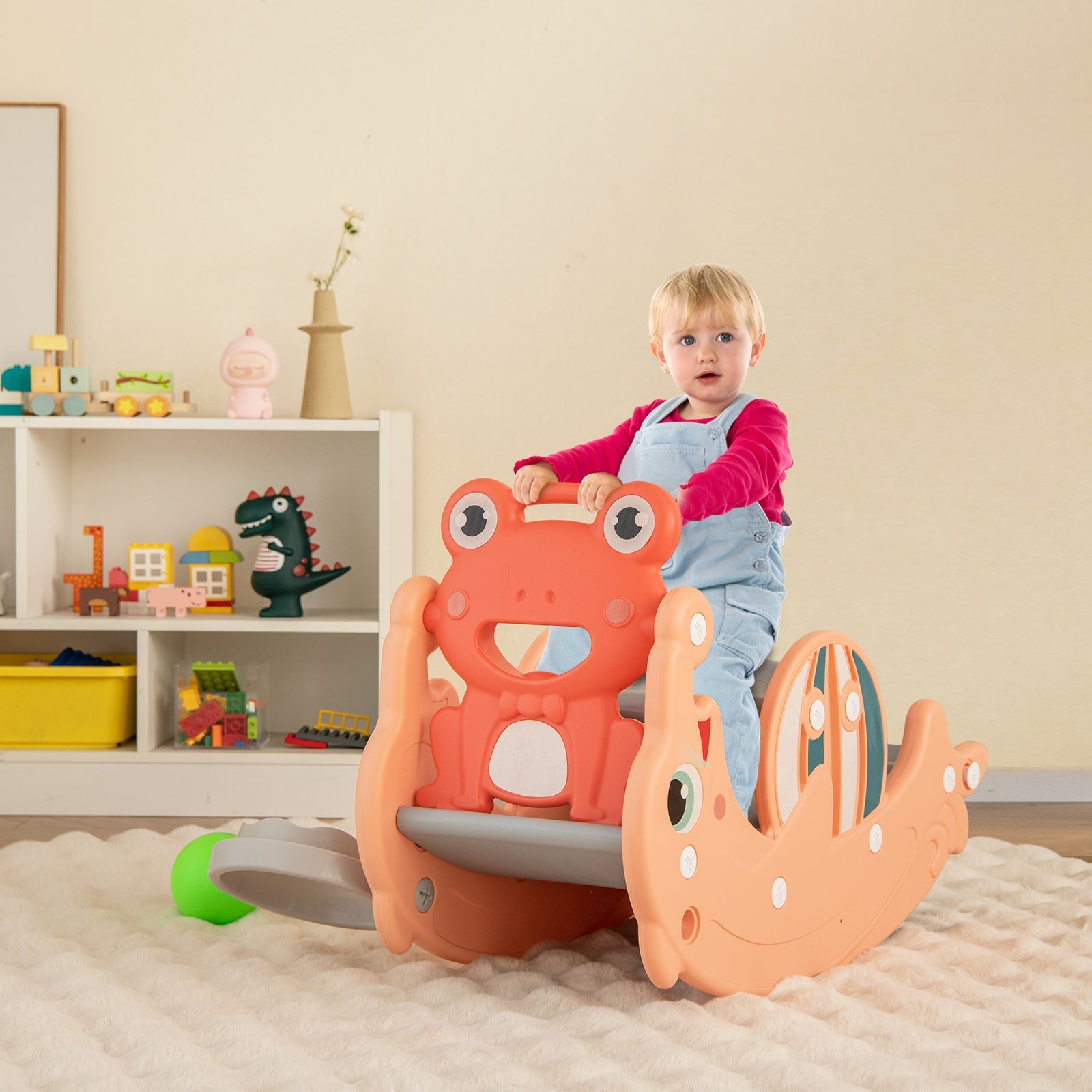 3-in-1 Kids Slide Rocking Horse Set Convertible Toddler Slide with Basketball Hoop-Pink