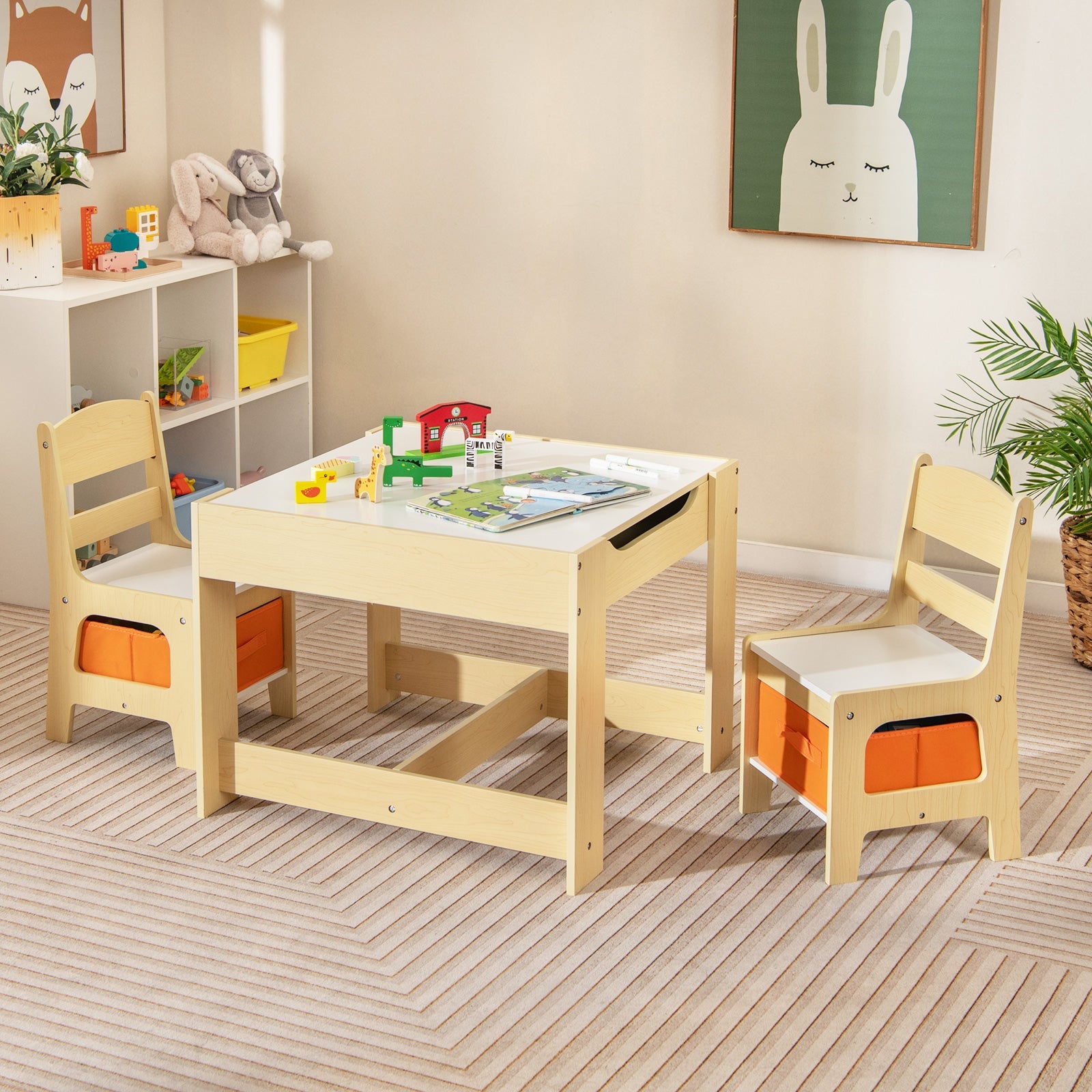 Kids Table Chairs Set With Storage Boxes Blackboard Whiteboard Drawing-Natural