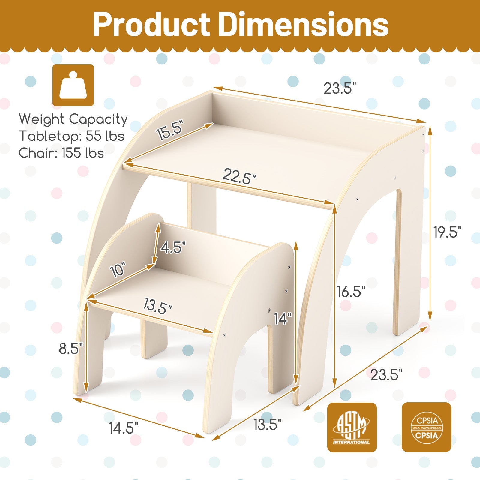 Kids Table and Chair Set with Wide Tabletop and Curved Edges for Kids Room-White
