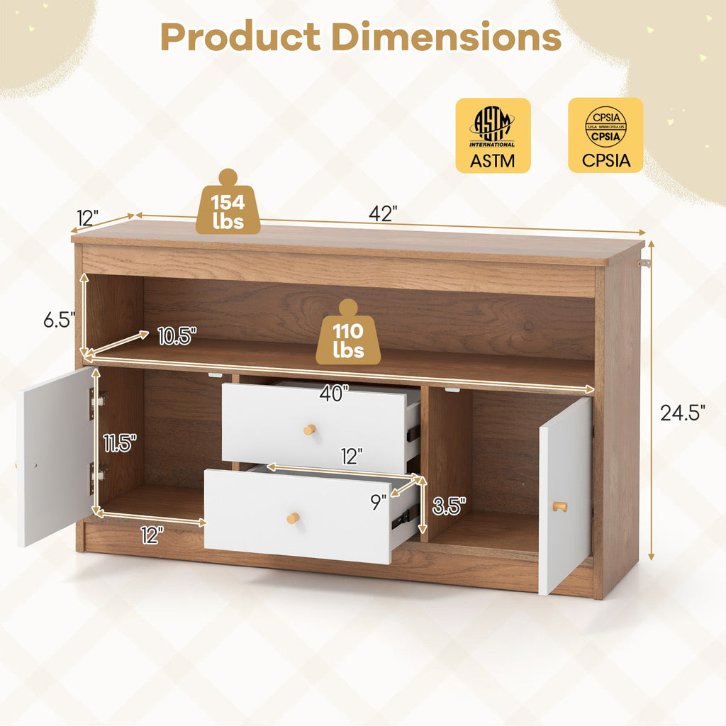 Kids Toy Storage Organizer with Open Shelf and 2 Drawers for Playroom-Natural