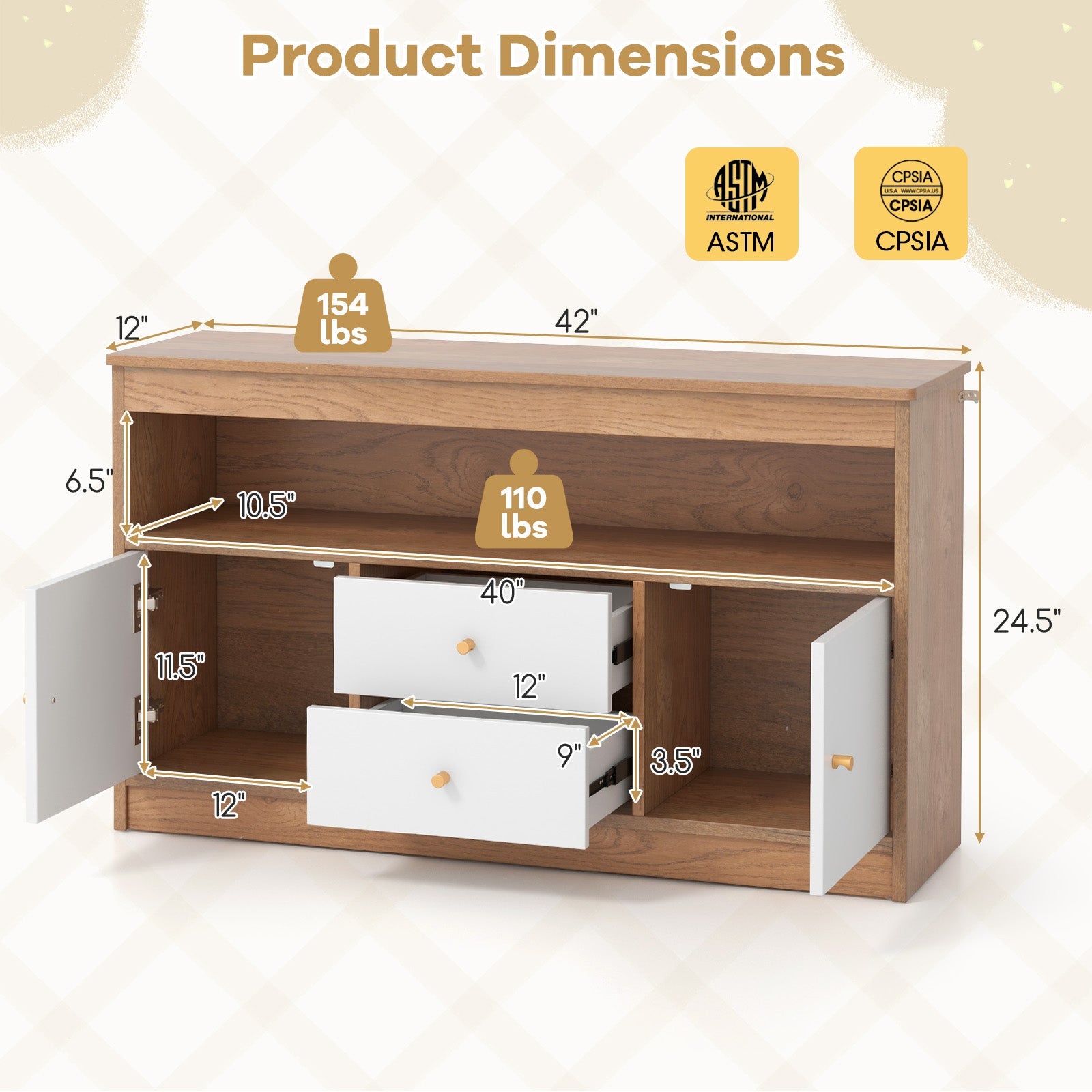 Kids Toy Storage Organizer with Open Shelf and 2 Drawers for Playroom-Natural