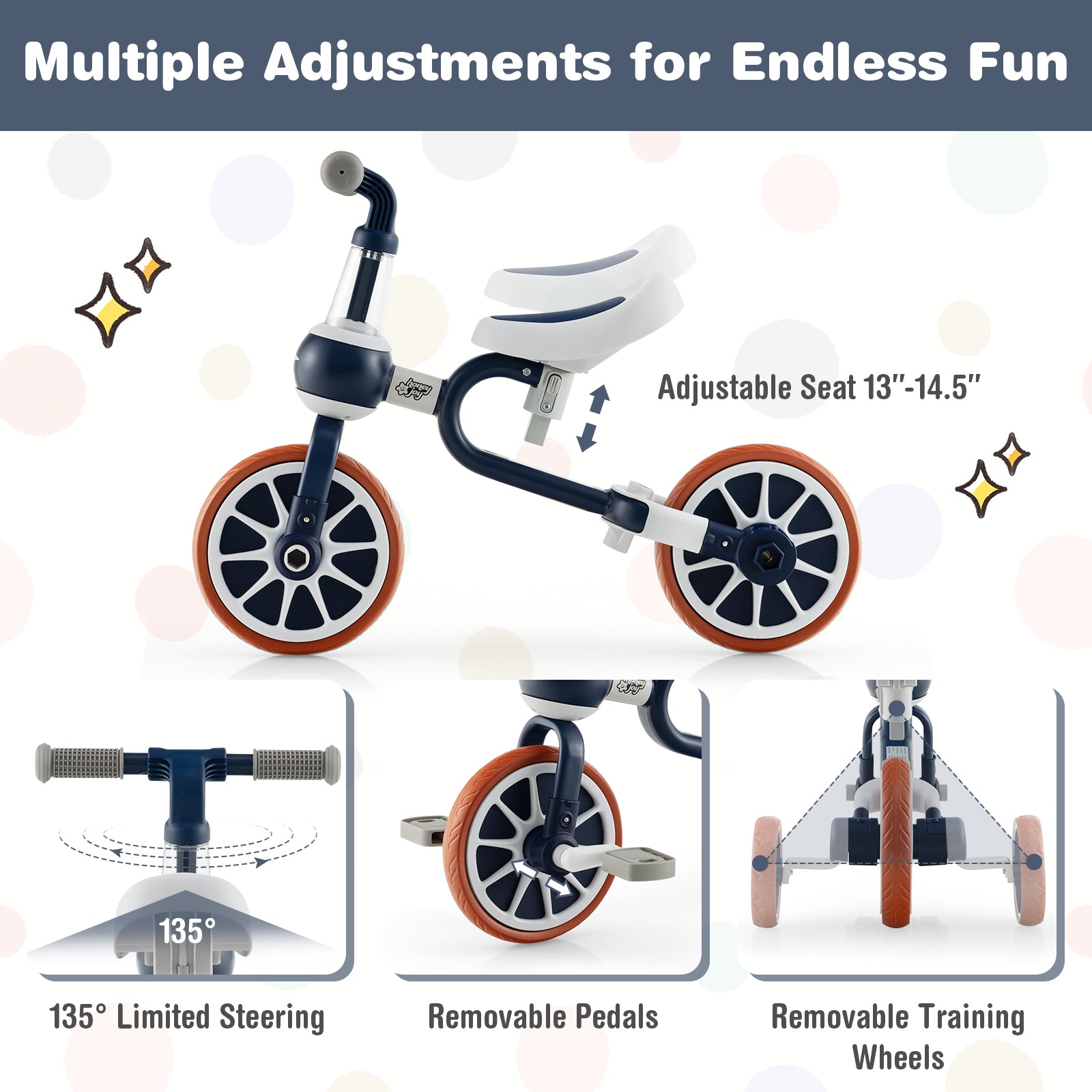 4-in-1 Kids Trike Bike with Adjustable Parent Push Handle and Seat Height-Navy