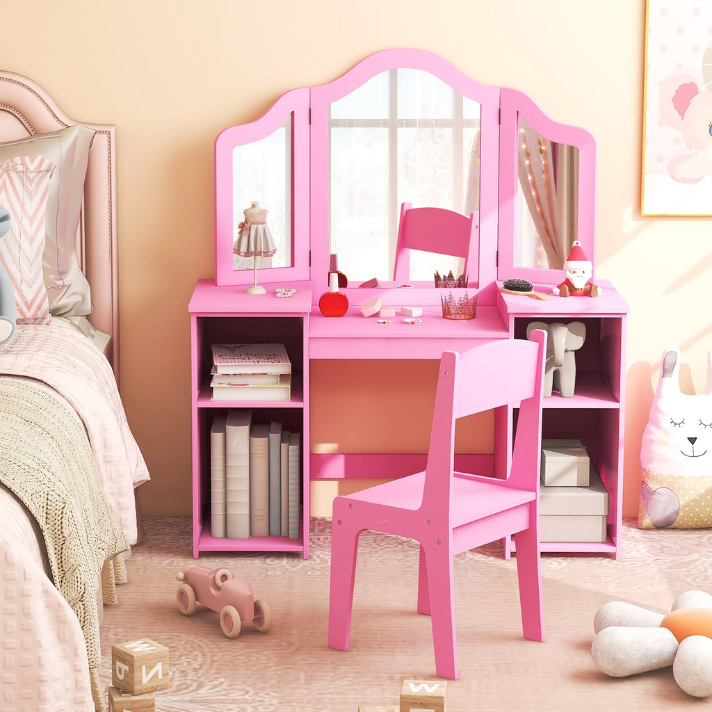 Kids Vanity Table and Chair Set with Removable Tri-Folding Mirror-Pink