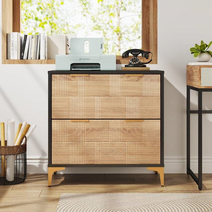 Retro Natural/Black with Gold Handles/Legs 2 Drawer Filing Cabinet Printer Stand
