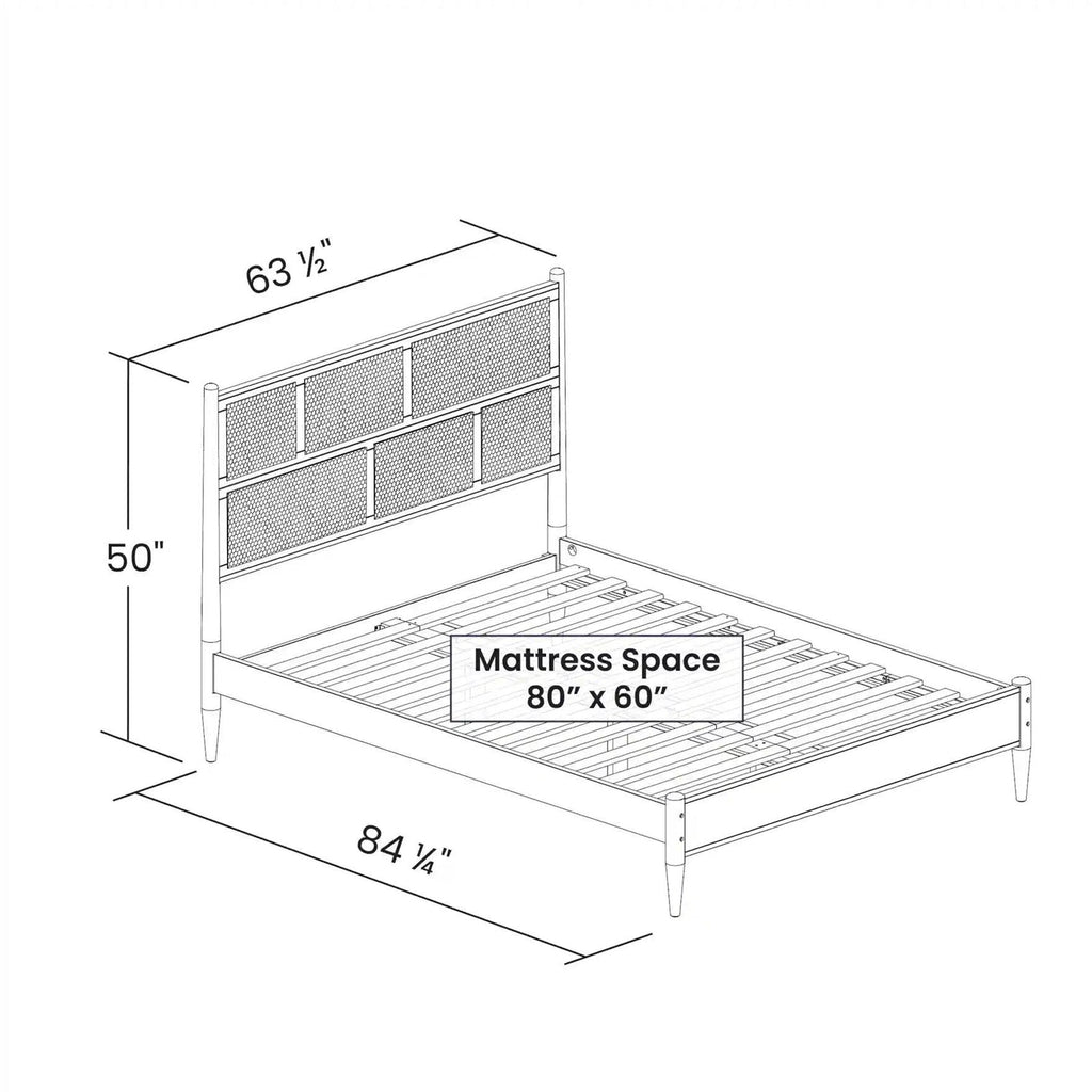 Queen Size Hardwood Platform Bed Frame with Cane Paneling Headboard in Walnut