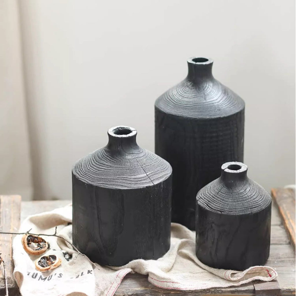 Black Wooden Vase Narrow Neck Decorative Bottle