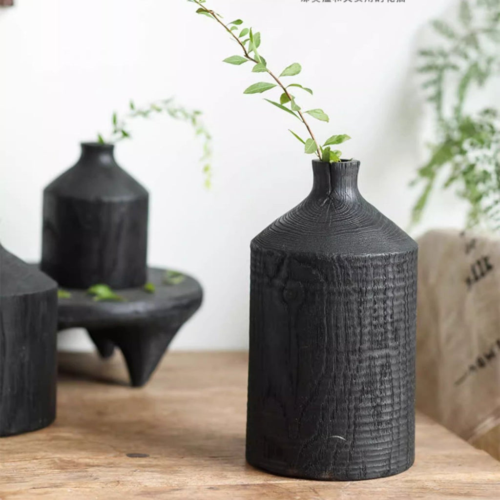Black Wooden Vase Narrow Neck Decorative Bottle