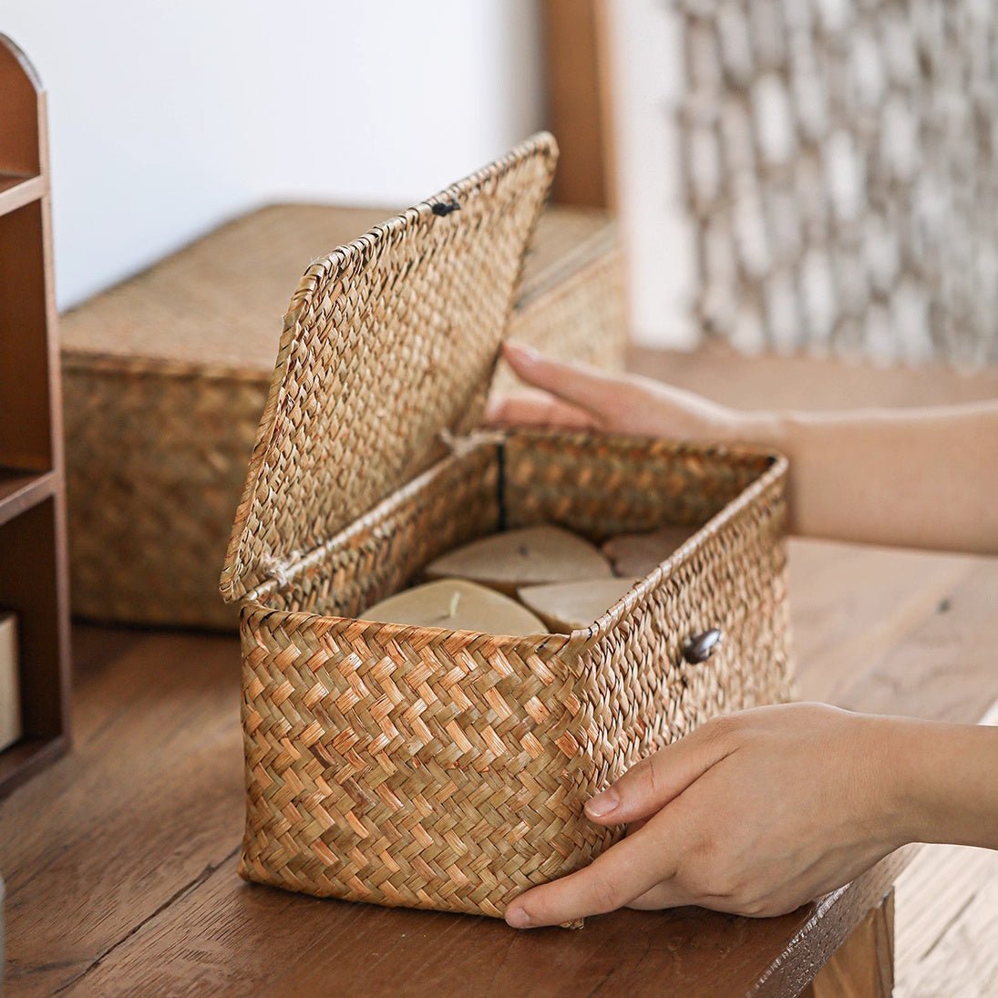 Rectangular Natural Straw Storage Basket with Lid