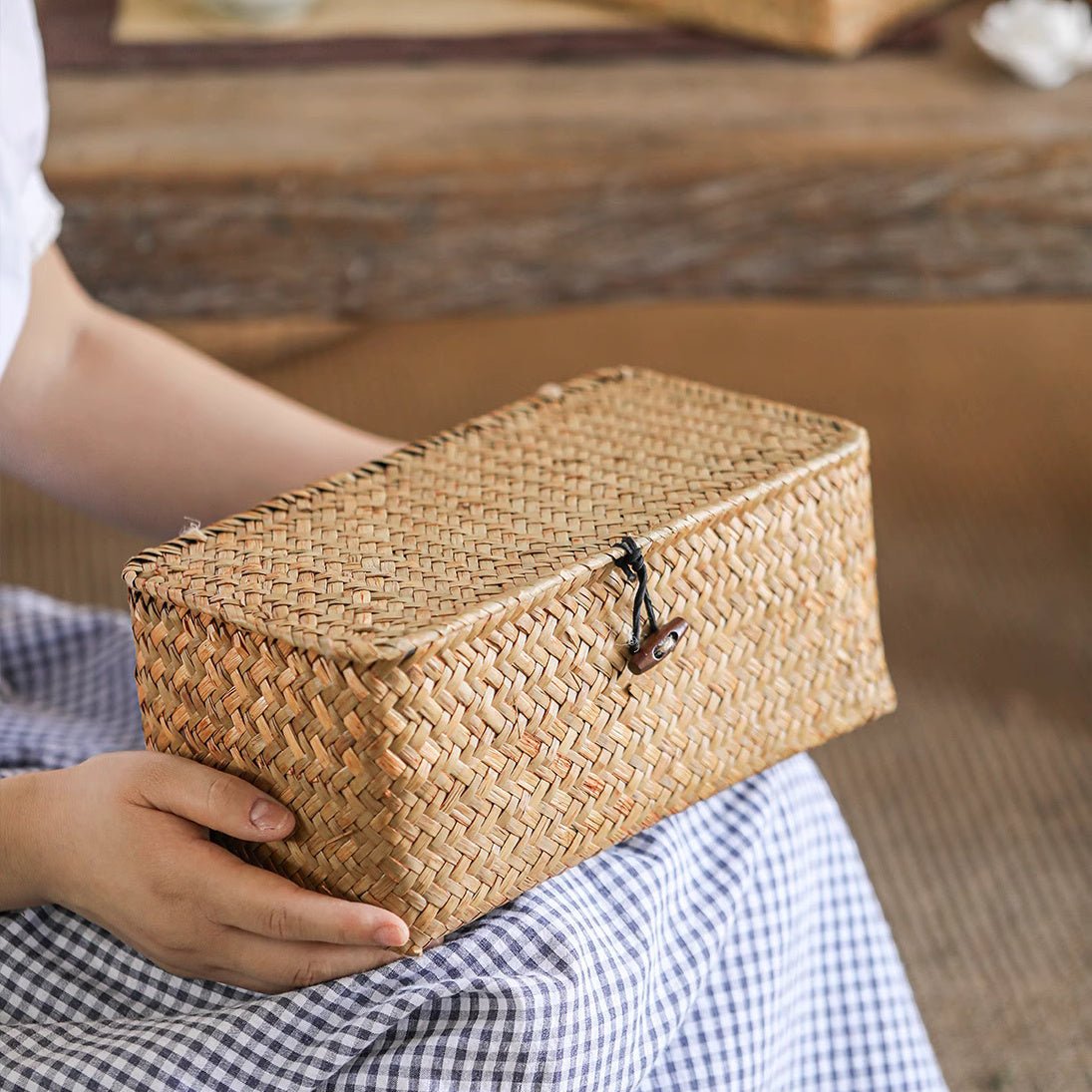 Rectangular Natural Straw Storage Basket with Lid