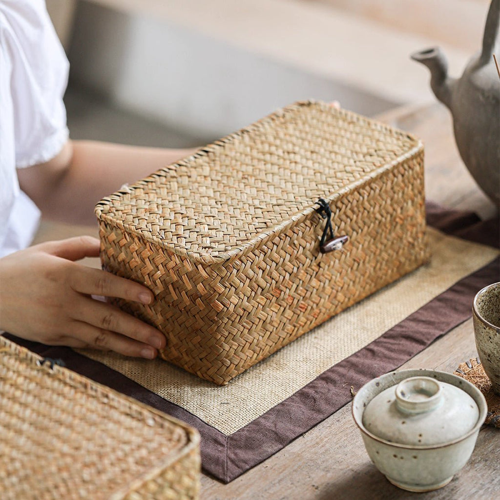Rectangular Natural Straw Storage Basket with Lid