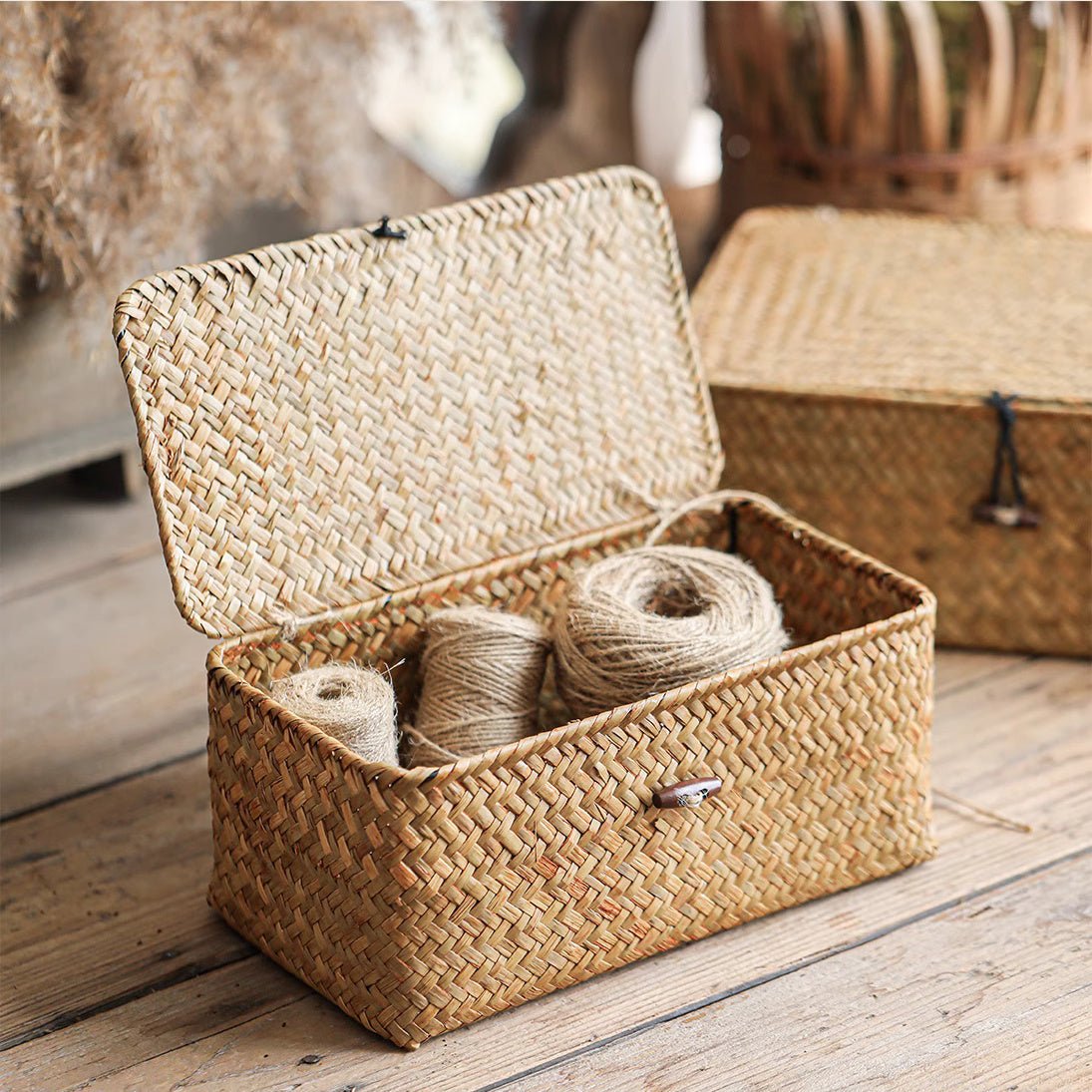 Rectangular Natural Straw Storage Basket with Lid