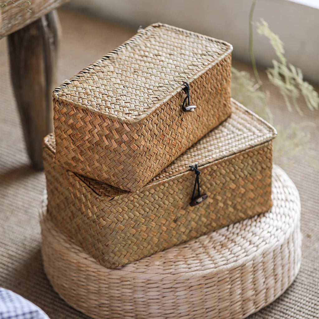 Rectangular Natural Straw Storage Basket with Lid