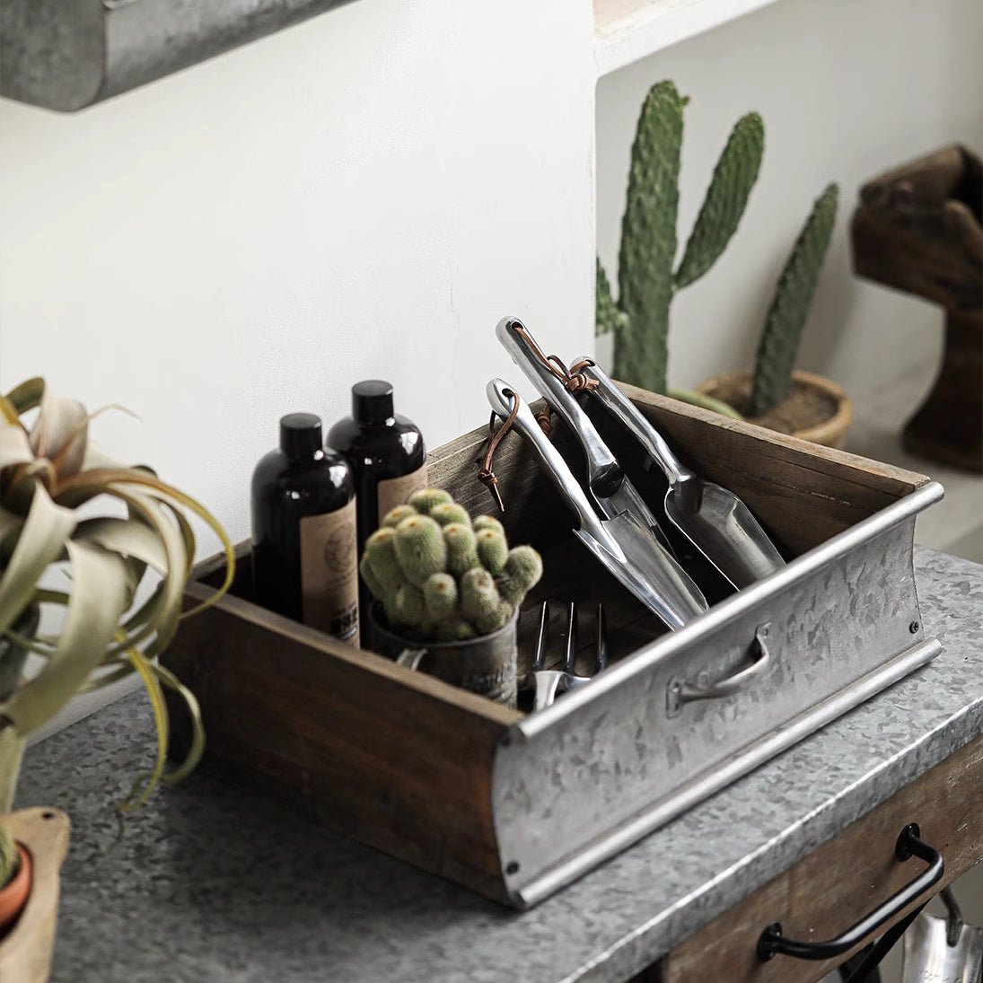 Rustic Wood and Metal Garden Tray Planter