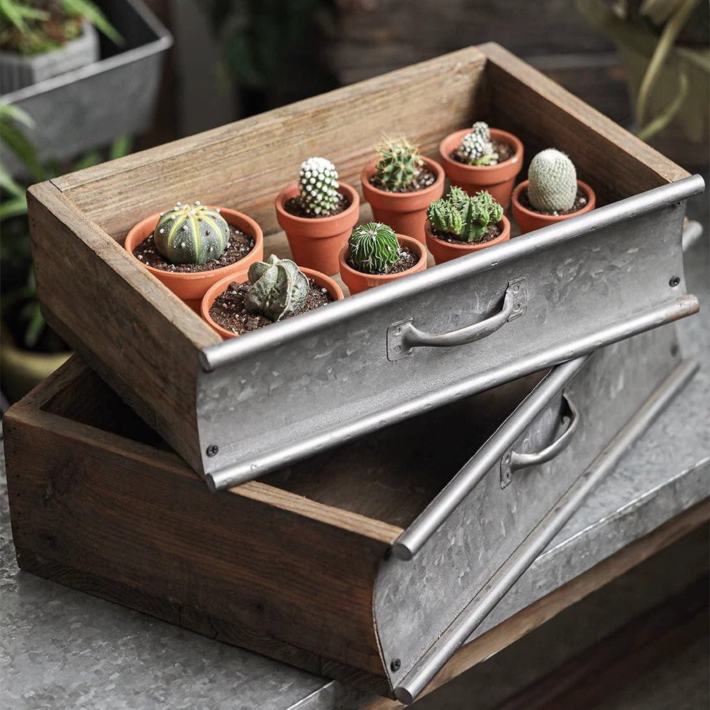 Rustic Wood and Metal Garden Tray Planter
