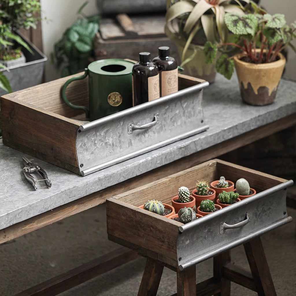 Rustic Wood and Metal Garden Tray Planter