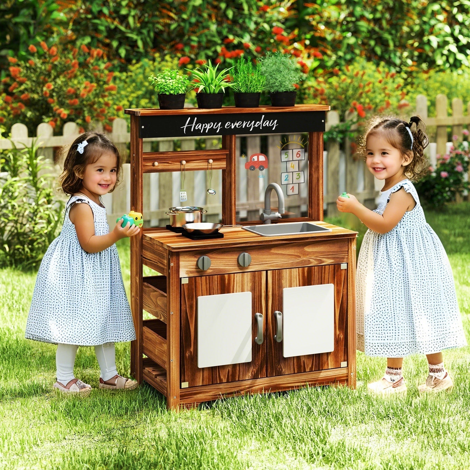 Mud Kitchen Fir Wood Play Kitchen with 4 Panting Pots Faucet Removable Sink-Natural