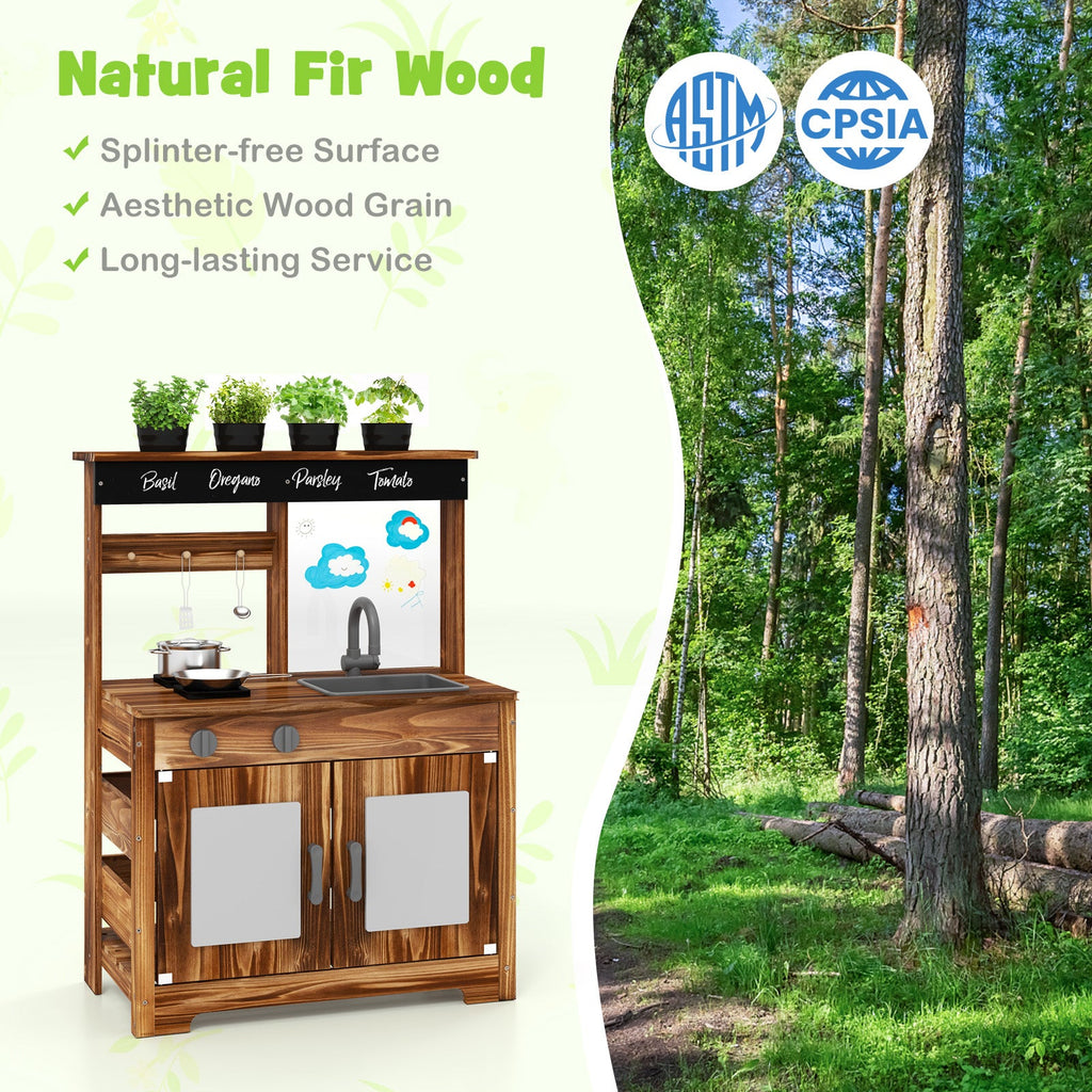 Mud Kitchen Fir Wood Play Kitchen with 4 Panting Pots Faucet Removable Sink-Natural