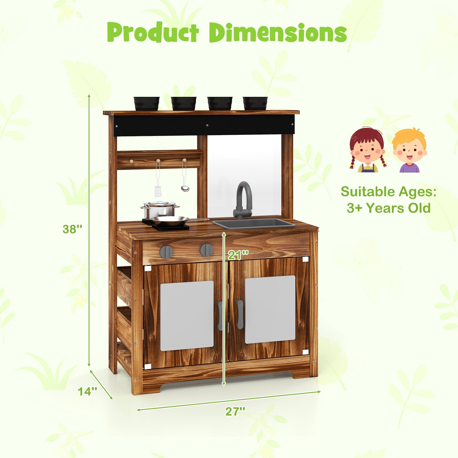 Mud Kitchen Fir Wood Play Kitchen with 4 Panting Pots Faucet Removable Sink-Natural