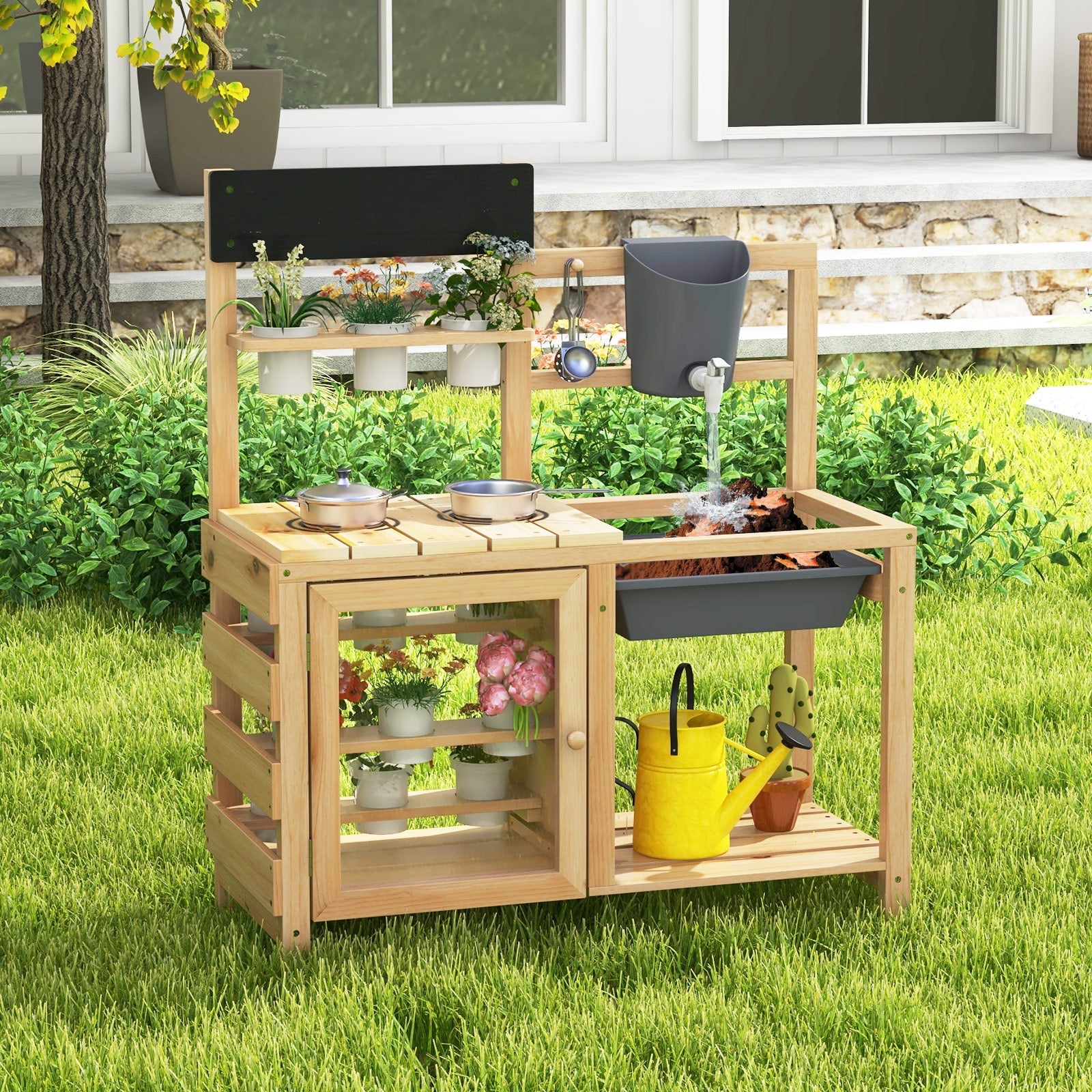 Mud Kitchen Playset with Sink and Plants Observation Room-Natural