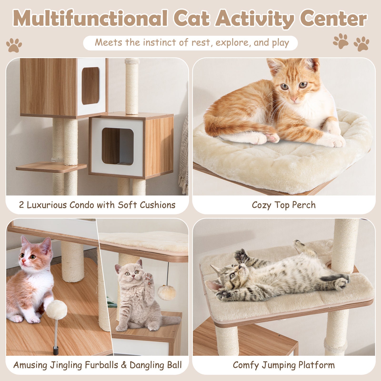 Modern Wooden Cat Tree with Perch Condos and Washable Cushions-Natural