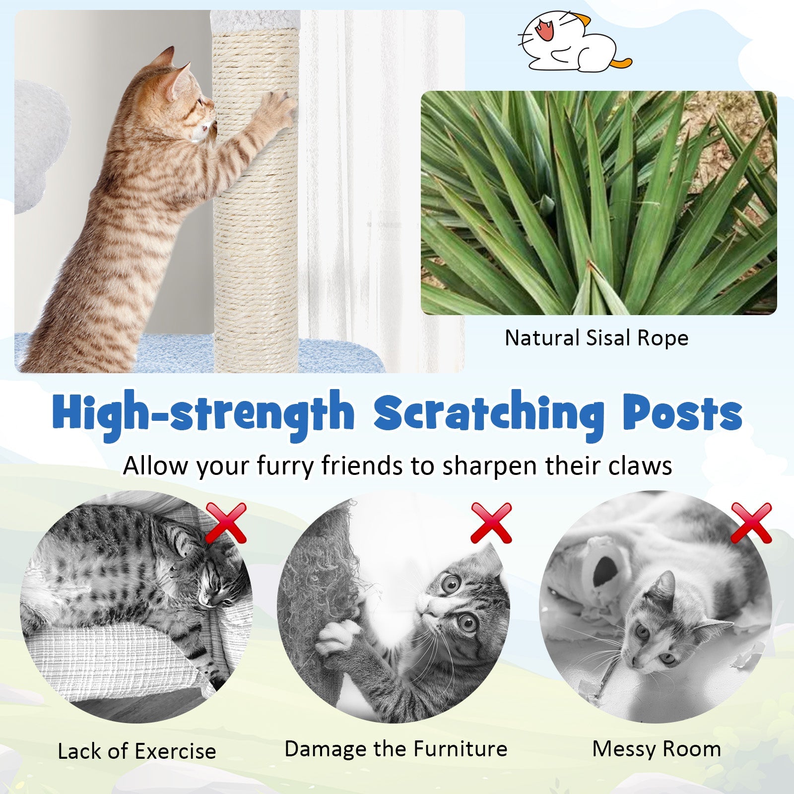 Multi-level Cat Tower with Sisal Covered Scratching Posts-Blue