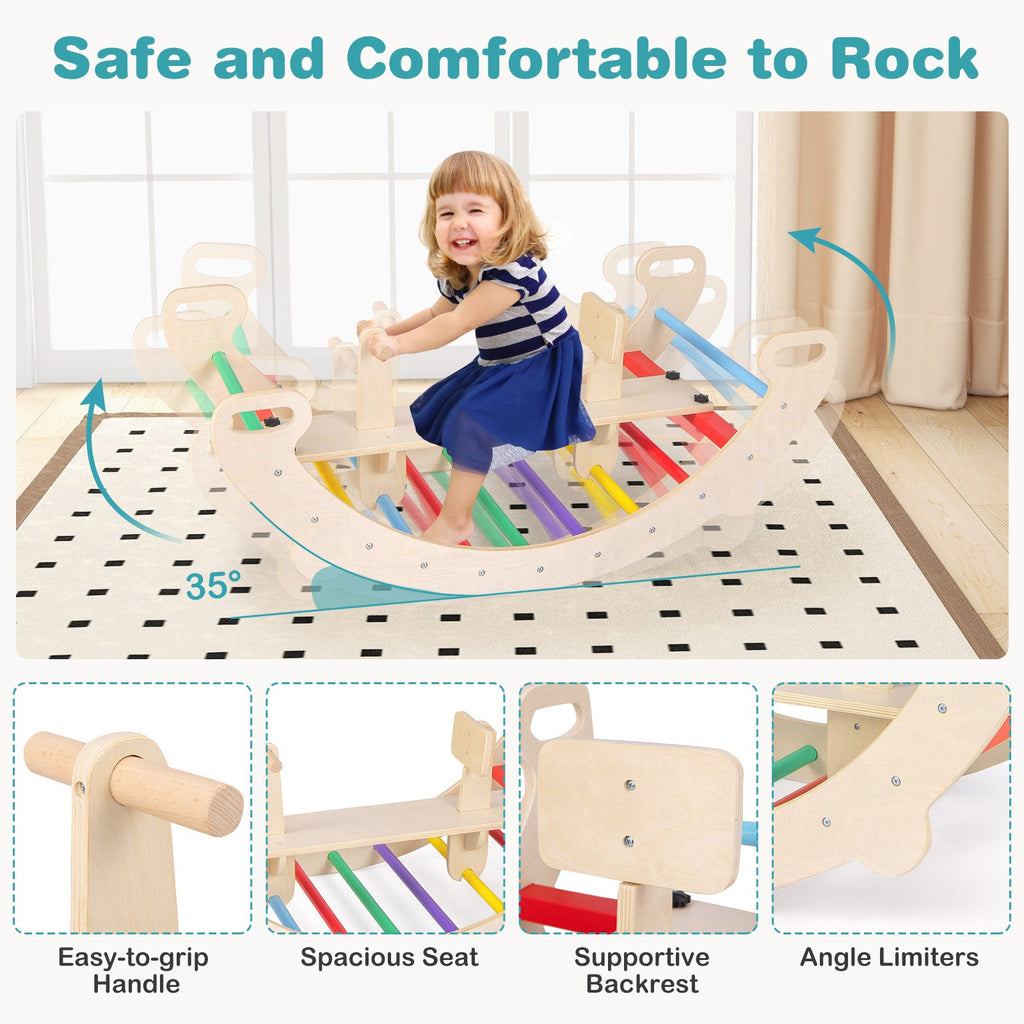 4-in-1 Multifunctional Wooden Climbing Toys with Rocker and Crawling Tunnel-Multicolor