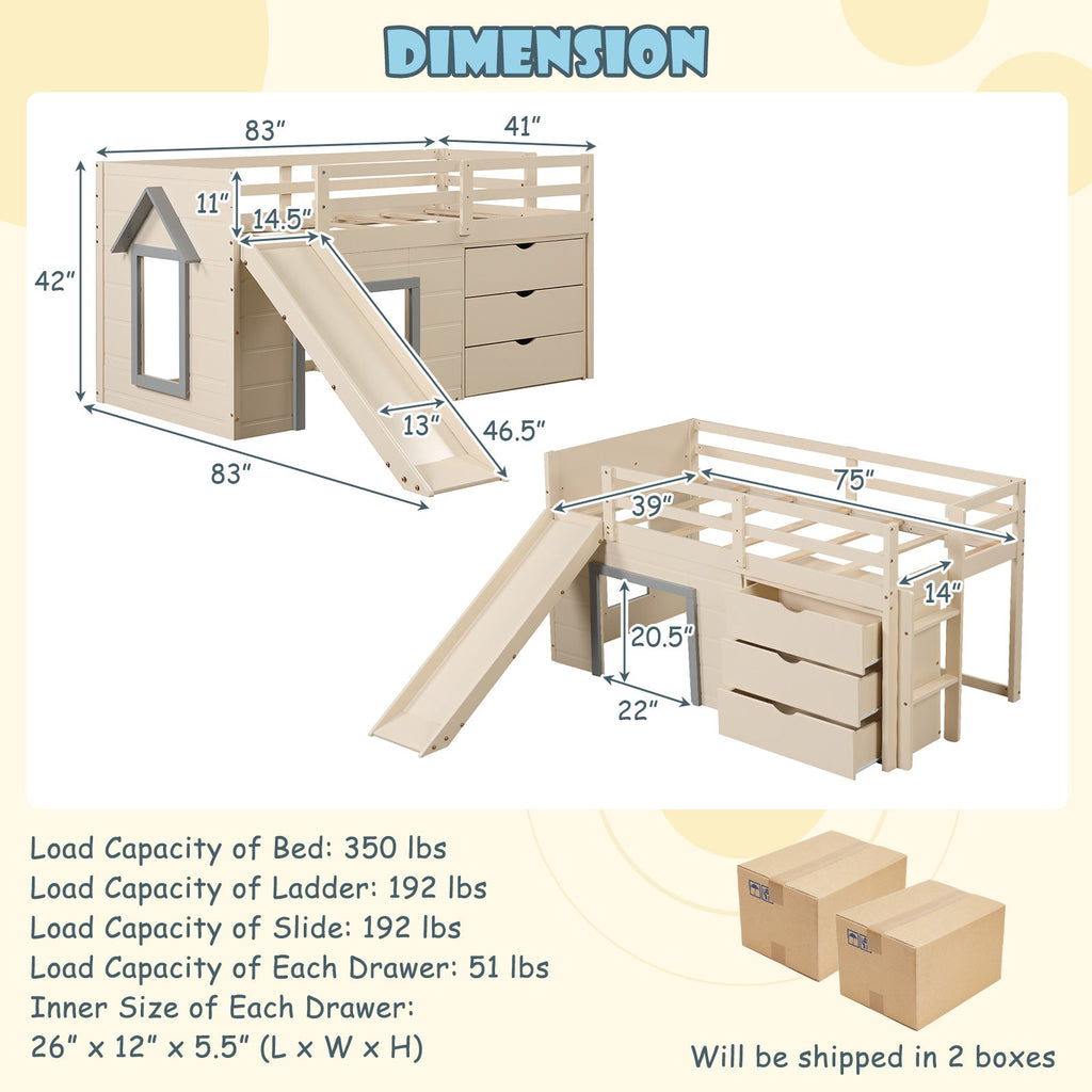 3-In-1 Twin Loft Bed with Slide Ladder Drawers for Kids Teens-Beige