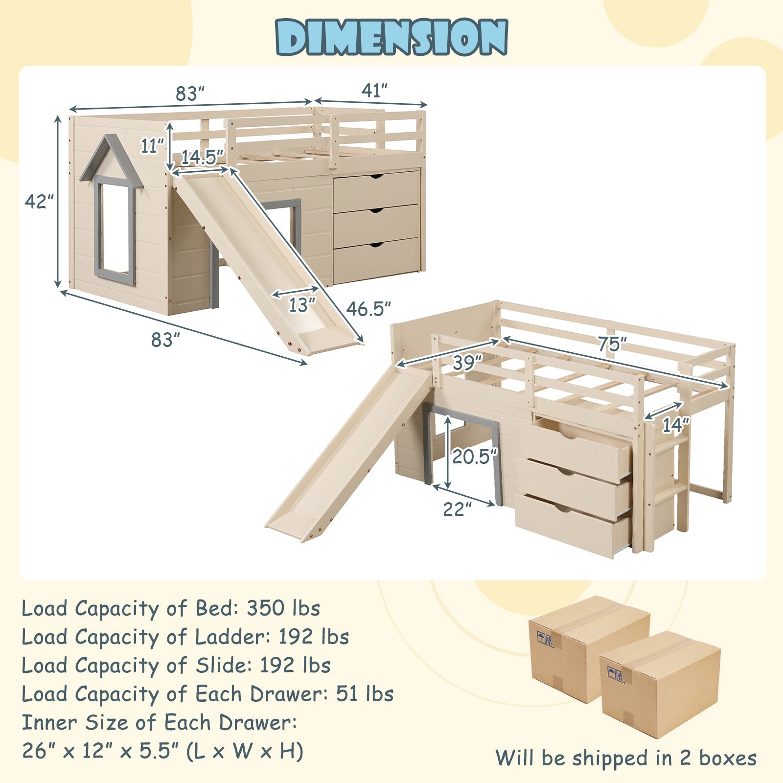 3-In-1 Twin Loft Bed with Slide Ladder Drawers for Kids Teens-Beige
