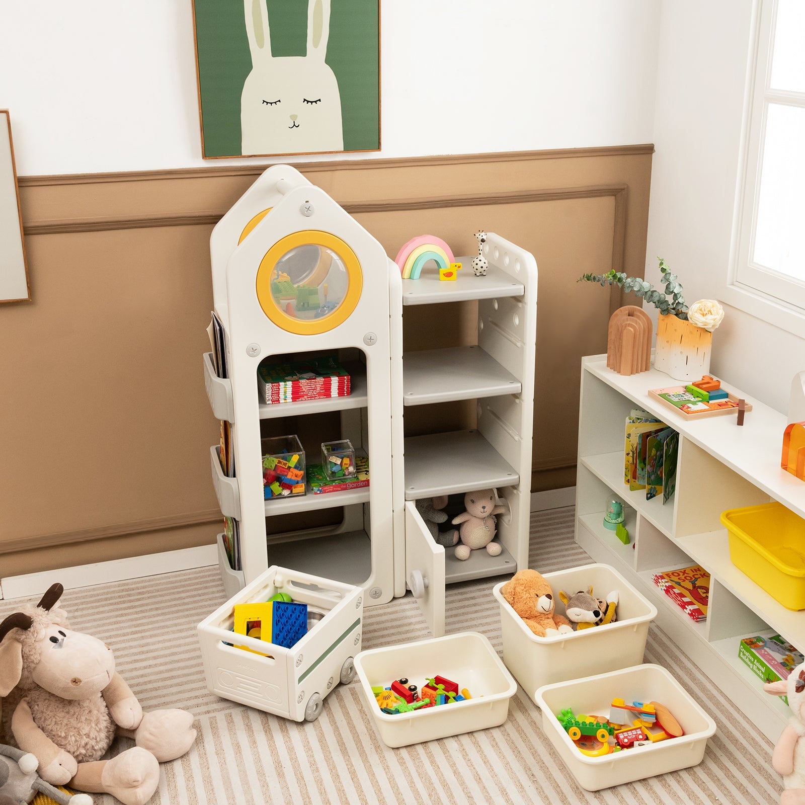 Multipurpose Toy Chest and Bookshelf with Mobile Trolley for Bedroom-Gray