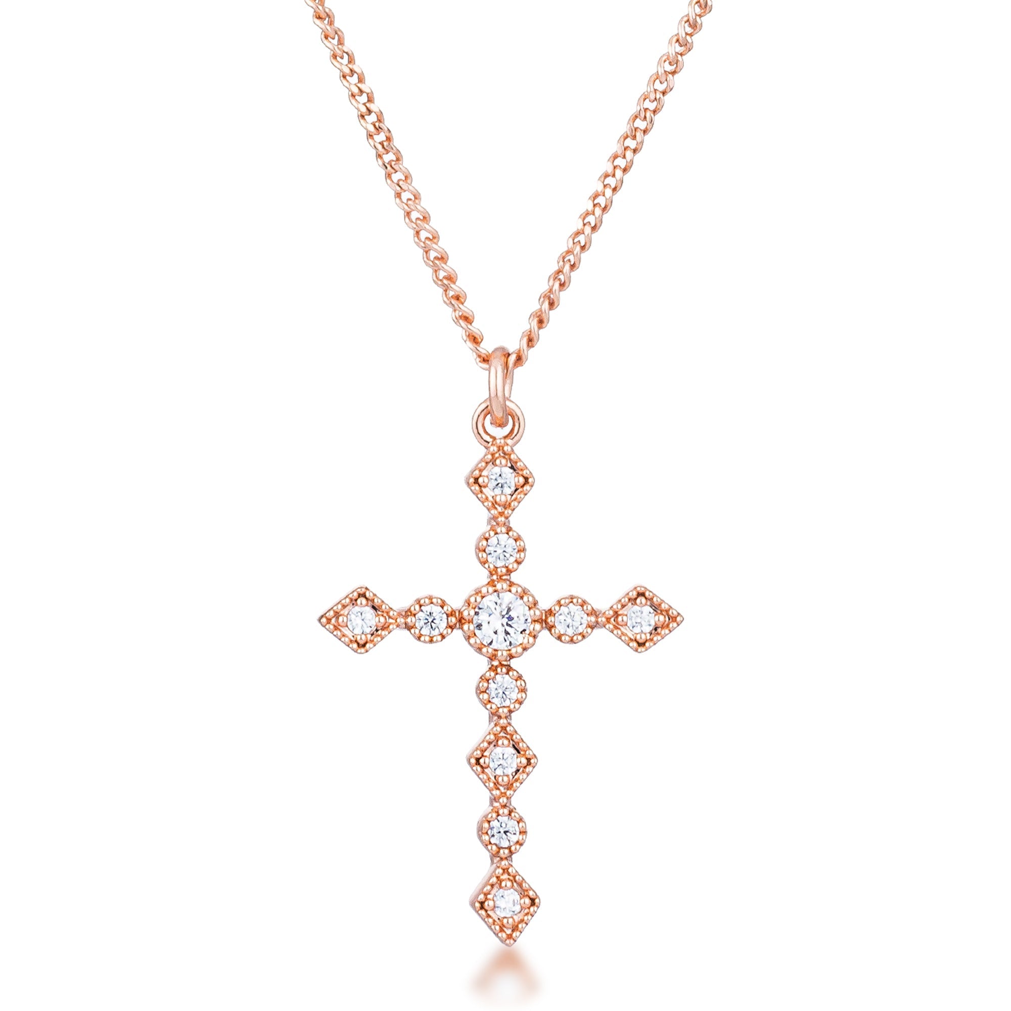 Avera Dainty Art Deco Plated CZ Cross Pendant - Pink Stone
