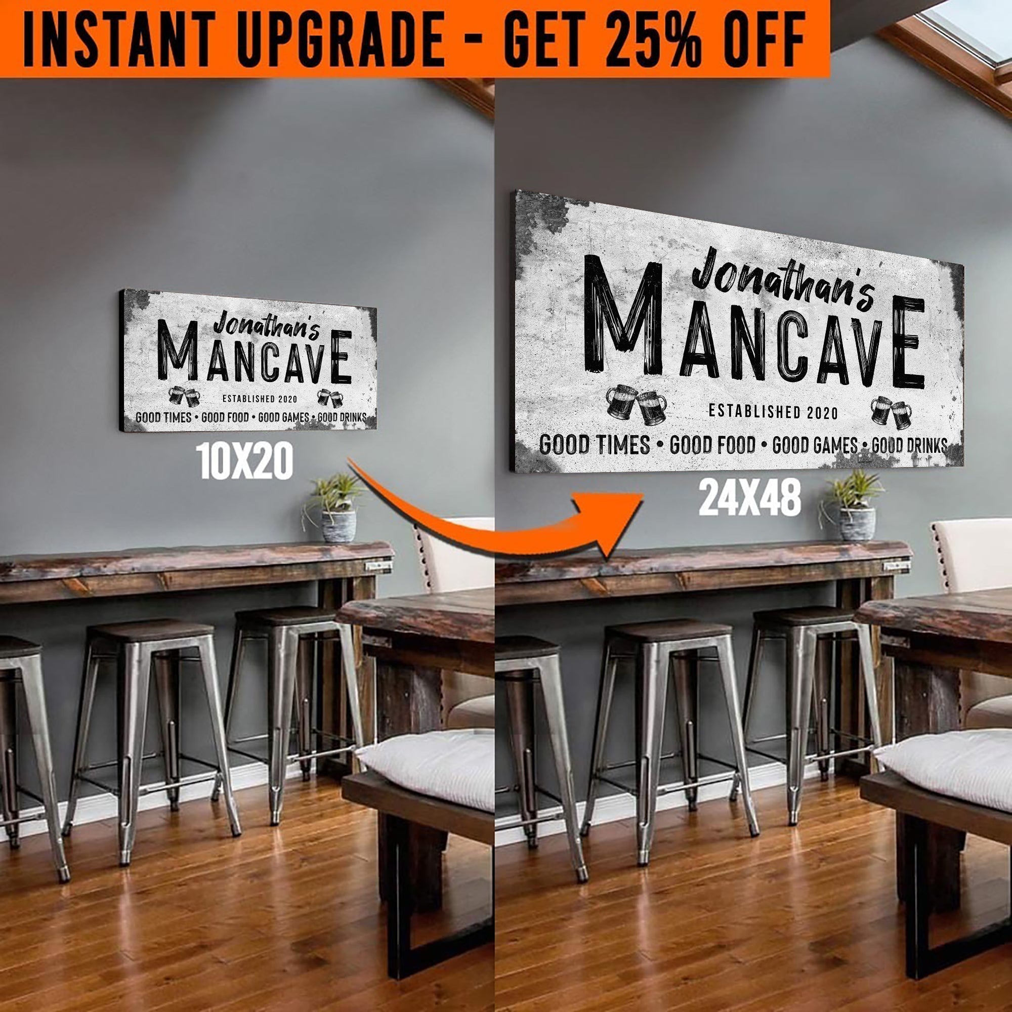 Upgrade Your 20x10 Inches 'Good Times Man Cave Sign' (Style 2) Canvas To 24x48 Inches (Free Shipping)