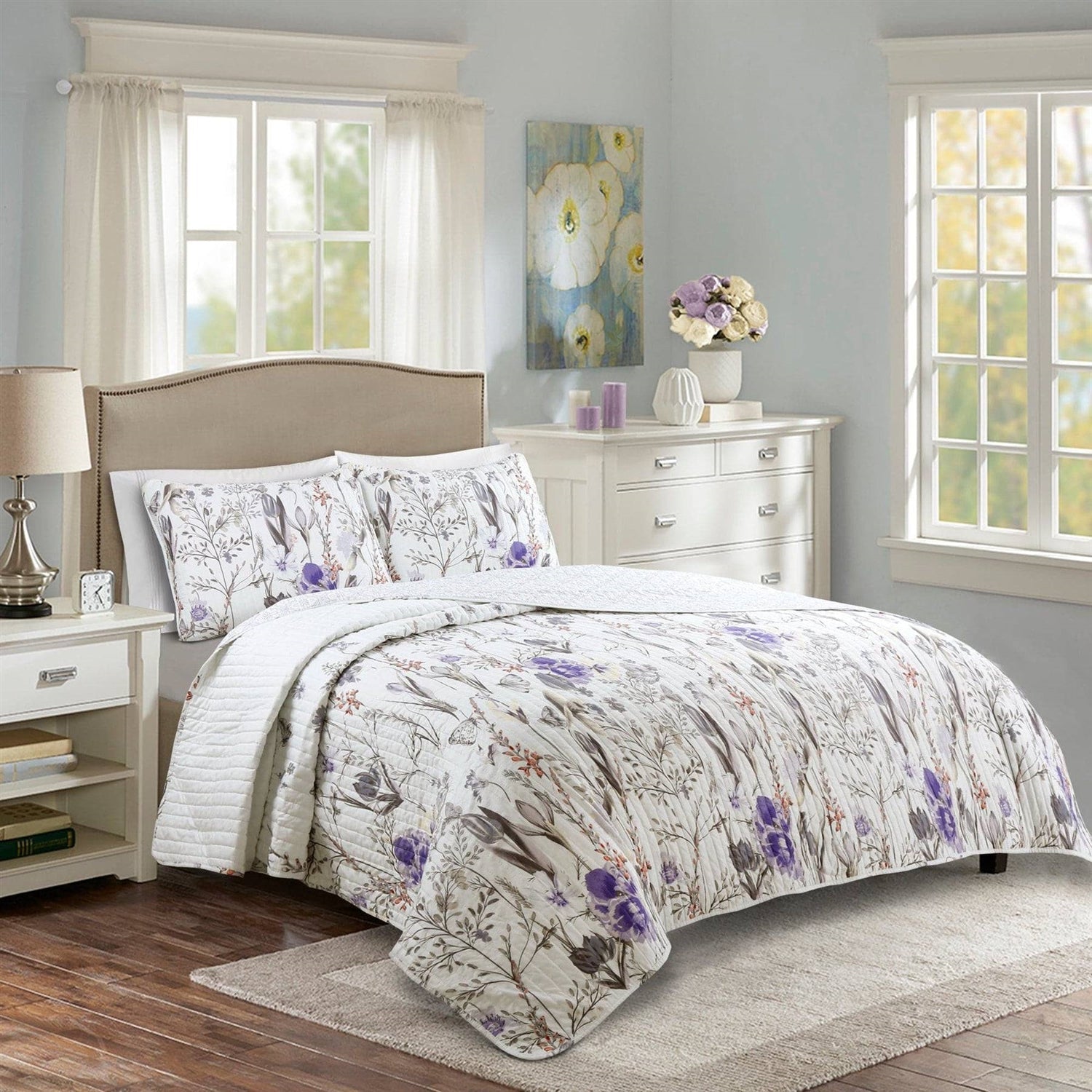 Full/Queen Size Lightweight Purple Grey White Floral Quilt Set