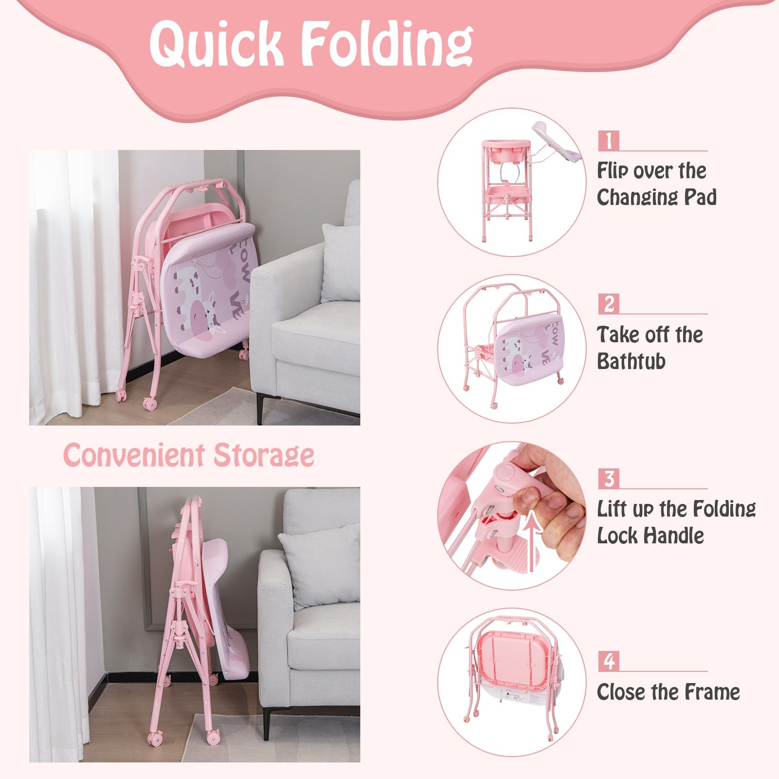 Folding Baby Changing Table with Bathtub and 4 Universal Wheels-Pink