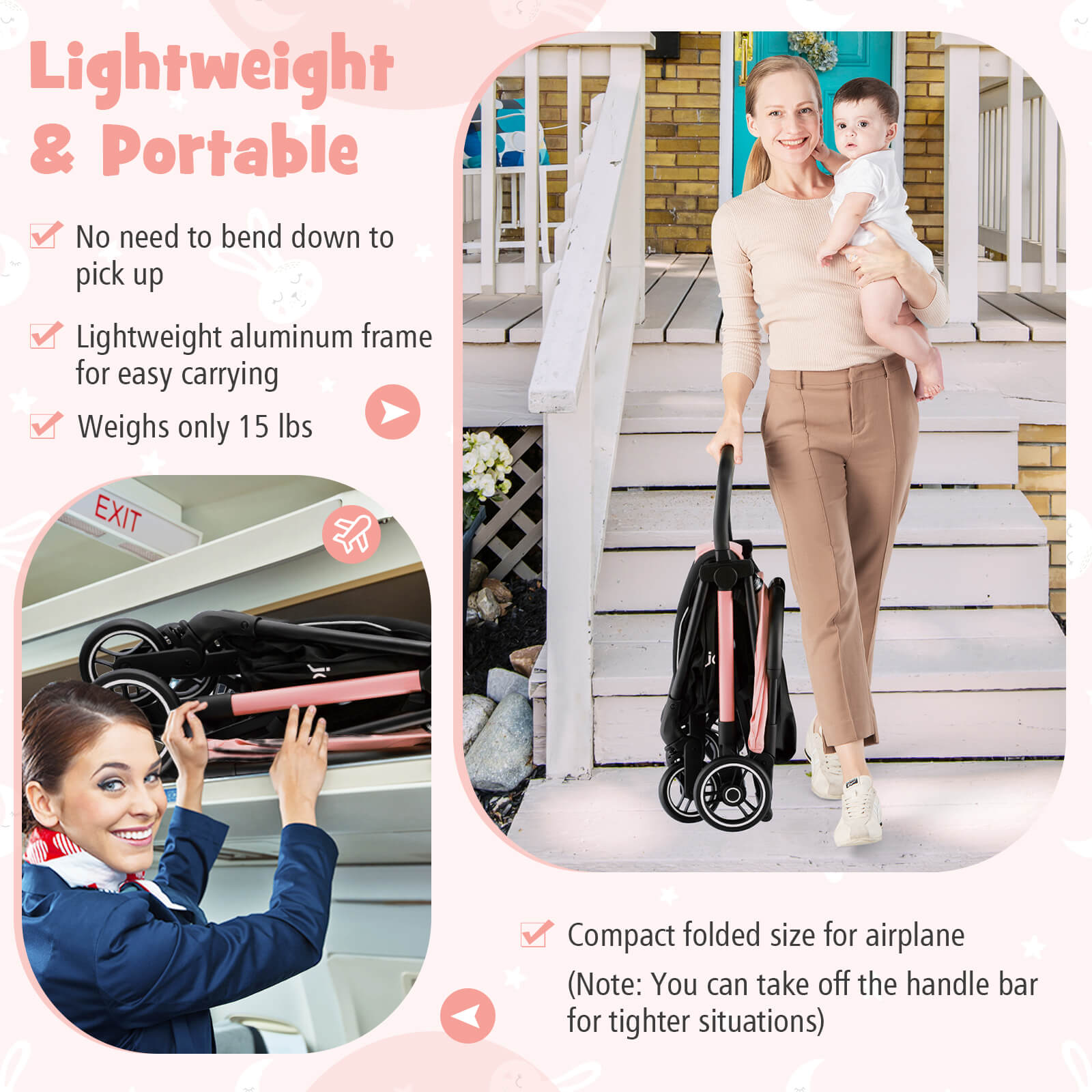 One-Hand Folding Portable Lightweight Baby Stroller with Aluminum Frame-Pink