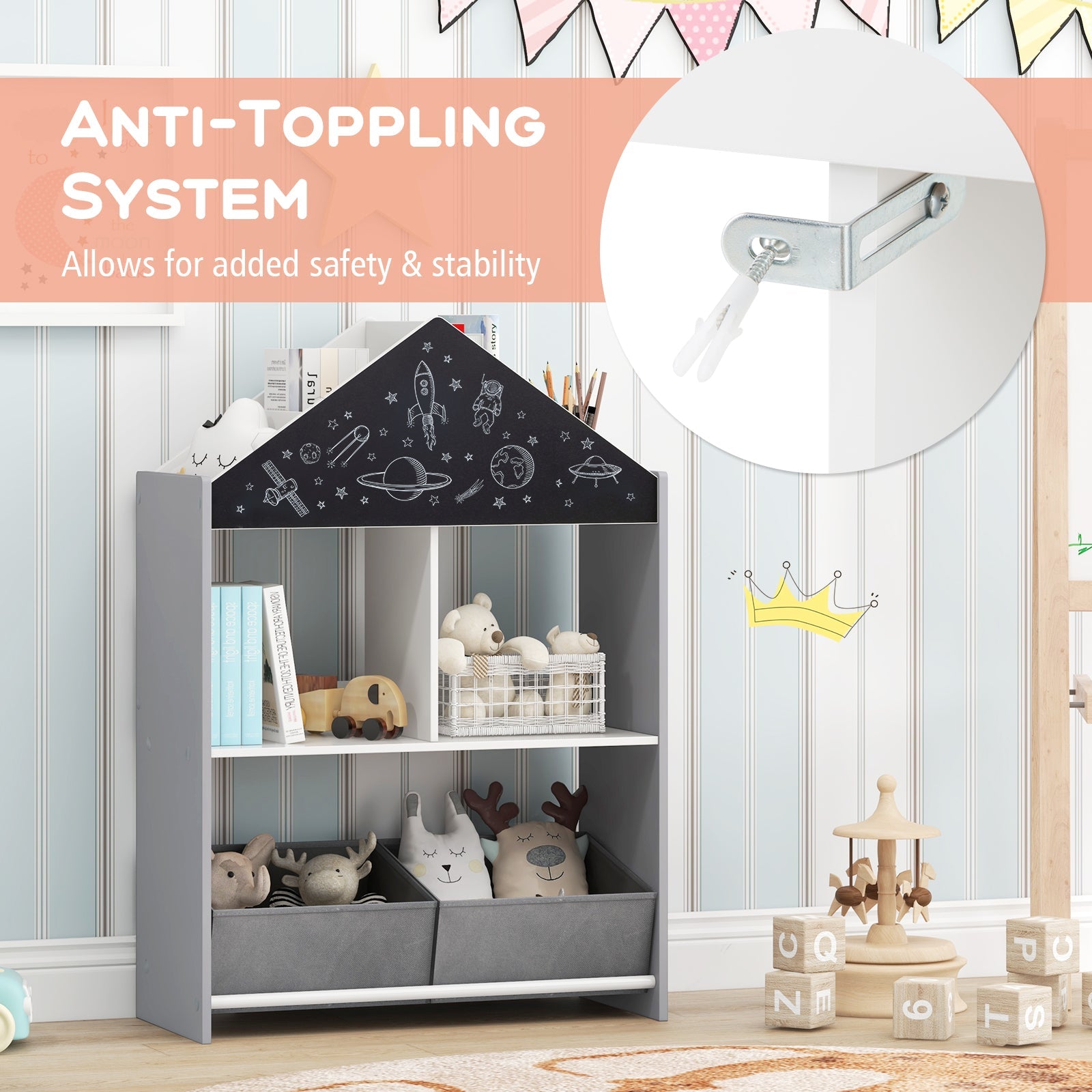 Playhouse Kids Bookshelf with Chalkboard and Whiteboard for 3-6 Years-Gray