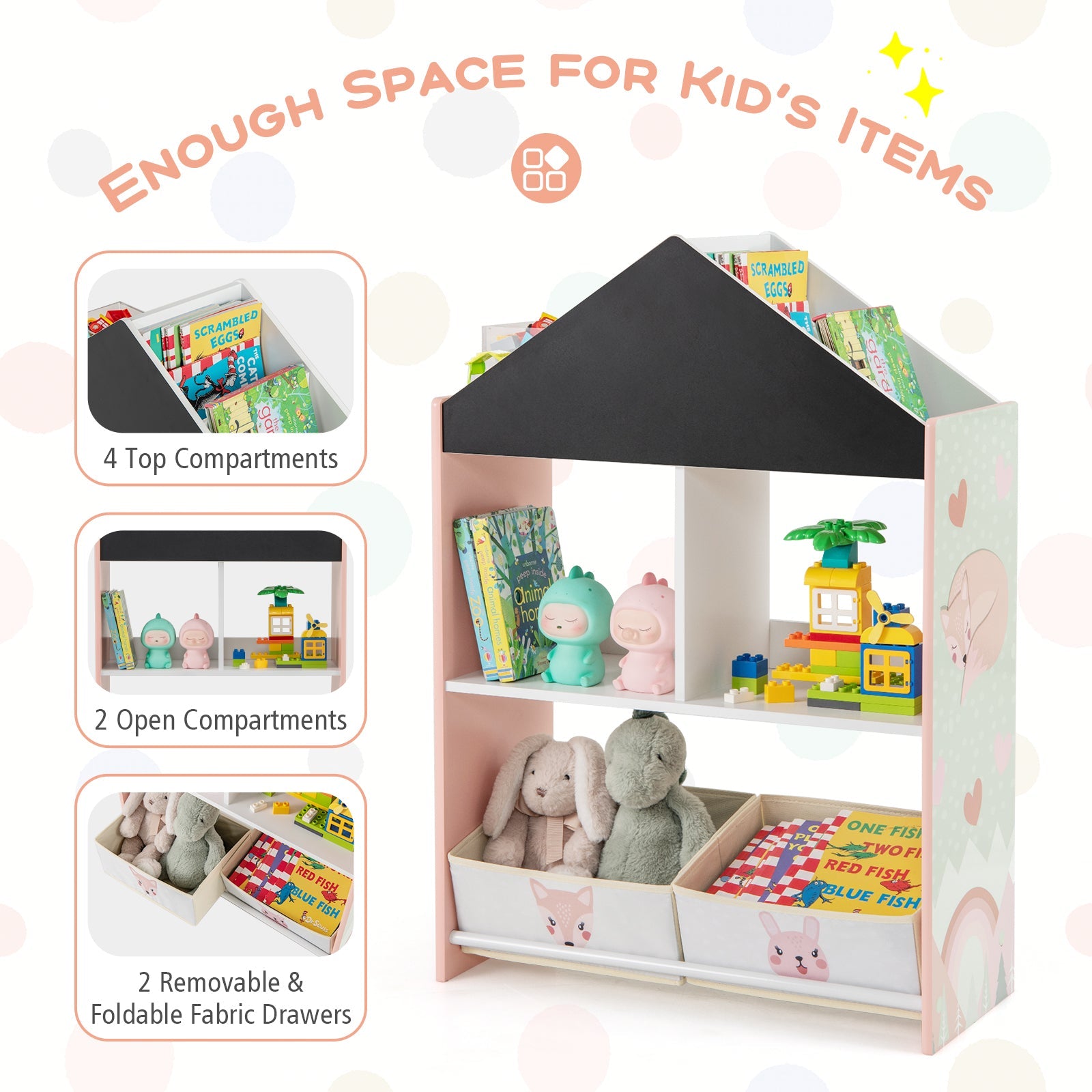 Playhouse Kids Bookshelf with Chalkboard and Whiteboard for 3-6 Years-Pink
